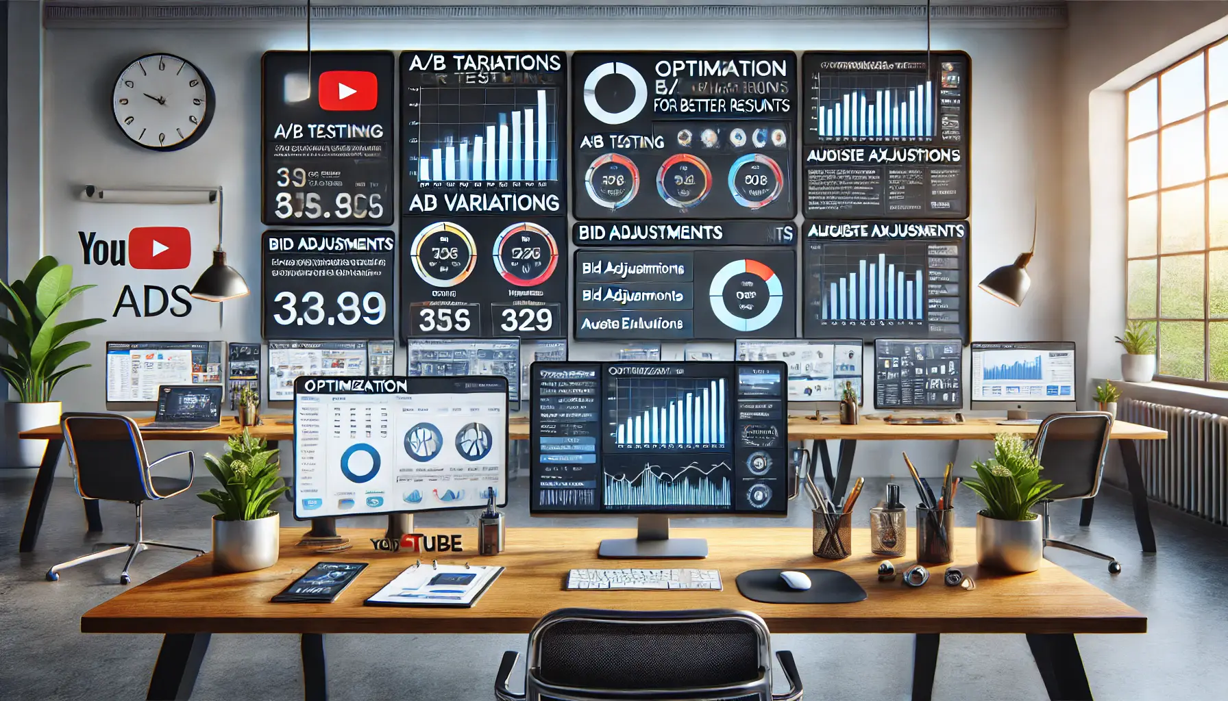 Digital workspace displaying optimization tools for YouTube Ads performance improvement