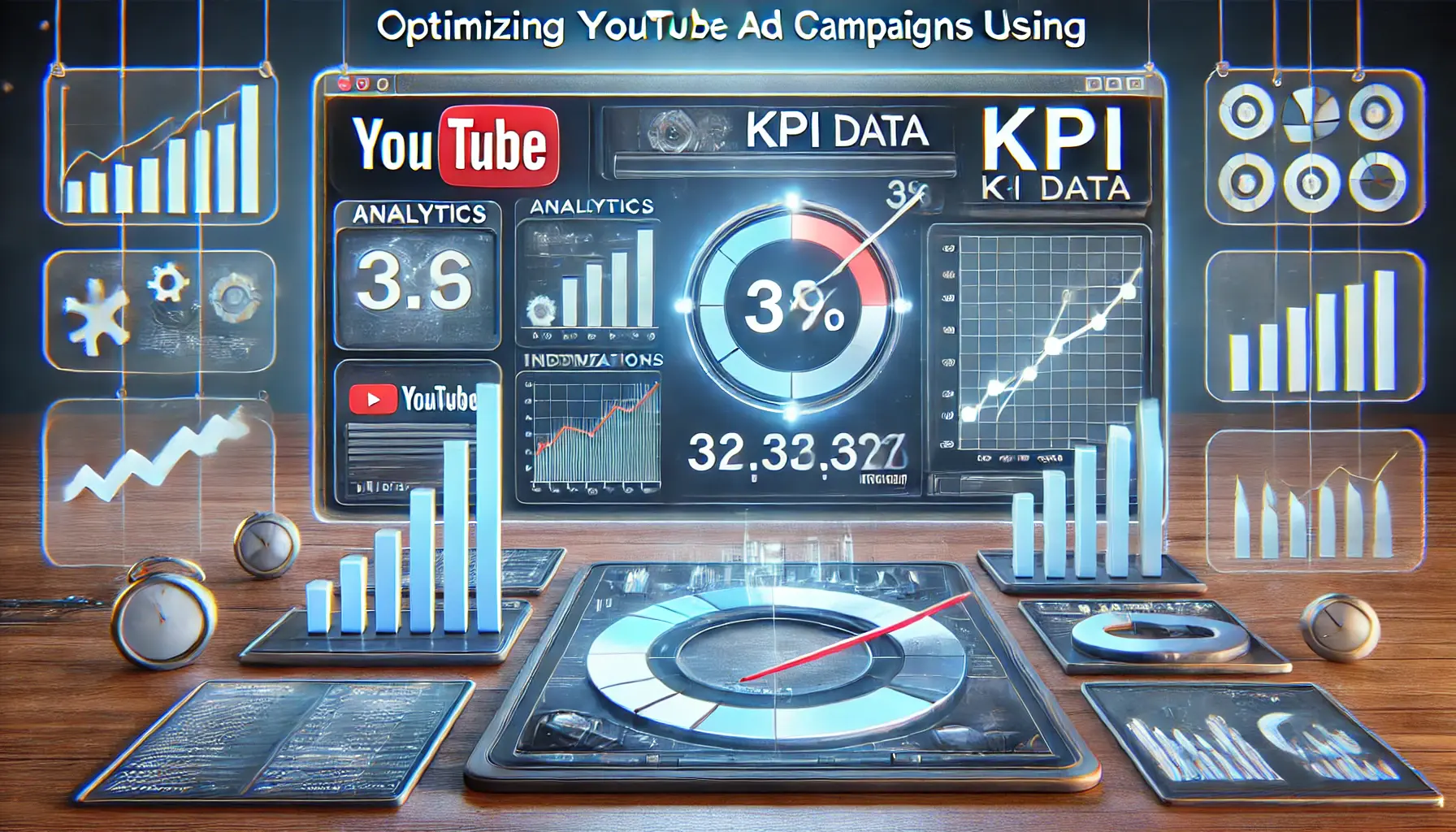 Digital dashboard showing KPI metrics with analytics graphs, trend indicators, and optimization visuals for YouTube ad campaigns.