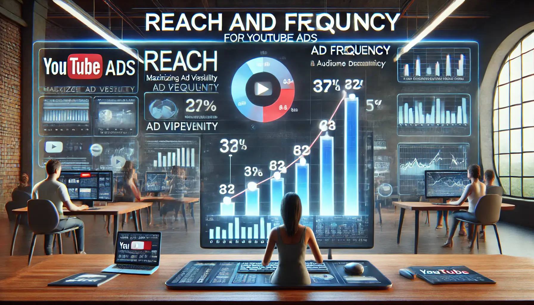 Digital dashboard showing reach and frequency metrics with reach indicators, frequency graphs, and audience distribution for YouTube ads.