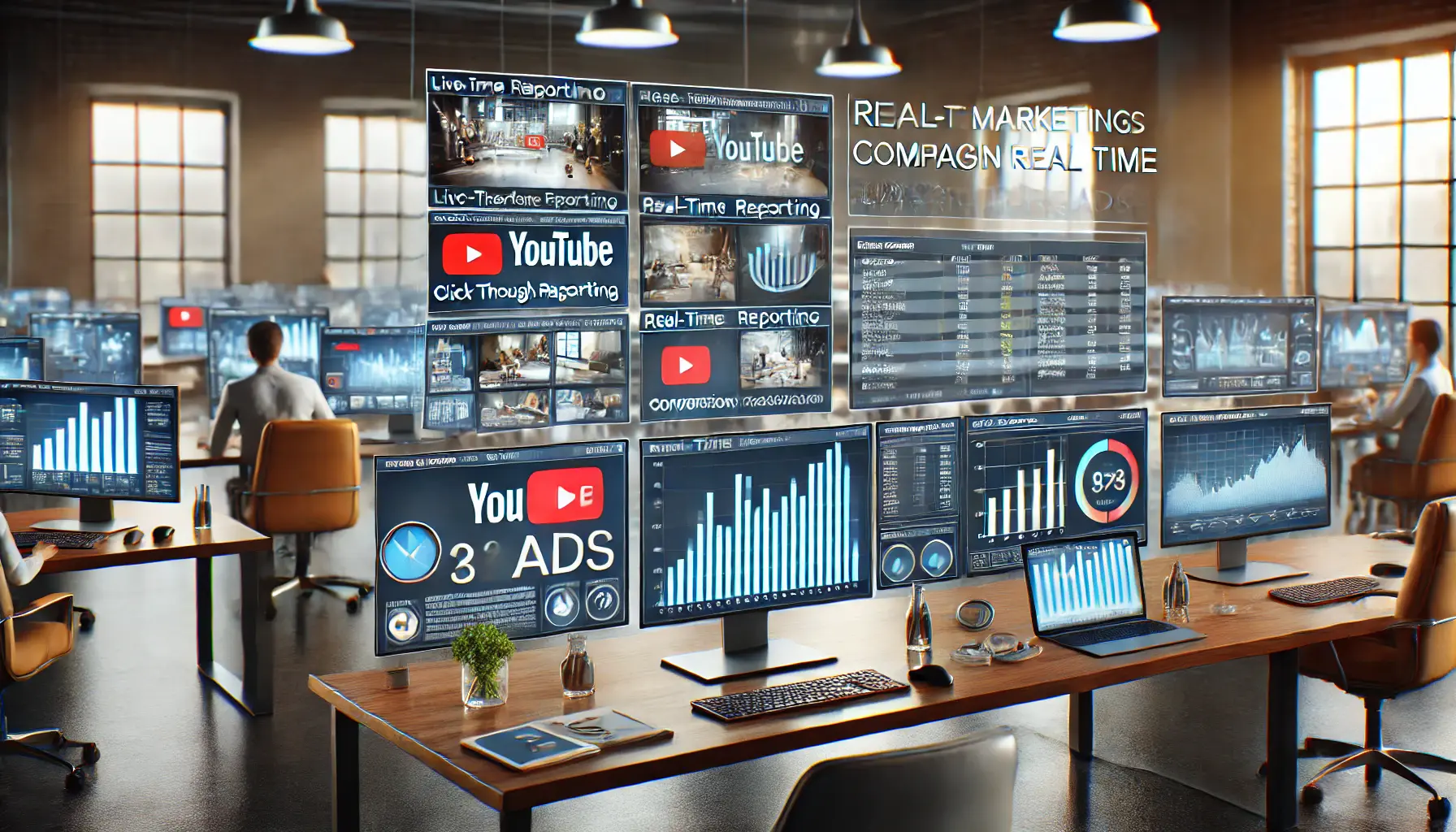 Digital workspace showing real-time reporting and insights for YouTube Ads performance