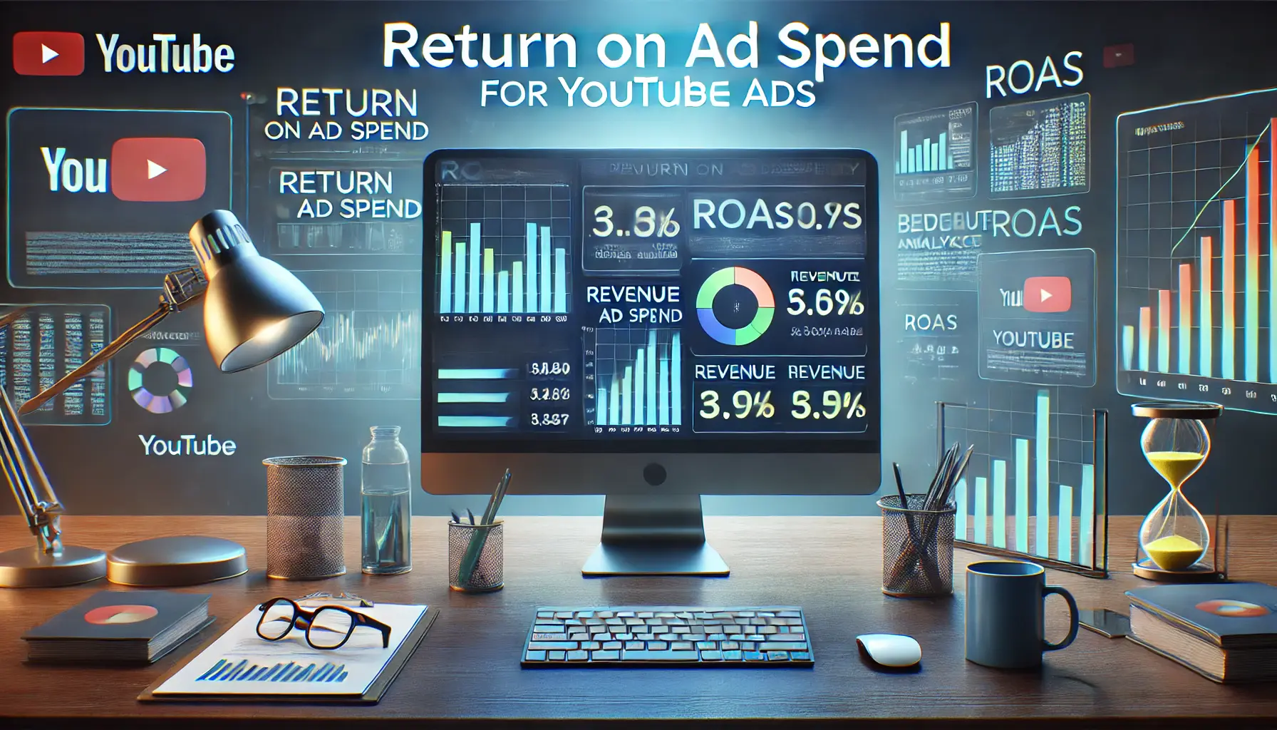 Digital dashboard showing ROAS metrics with profit analysis, revenue graphs, and budget impact visuals for YouTube ads.