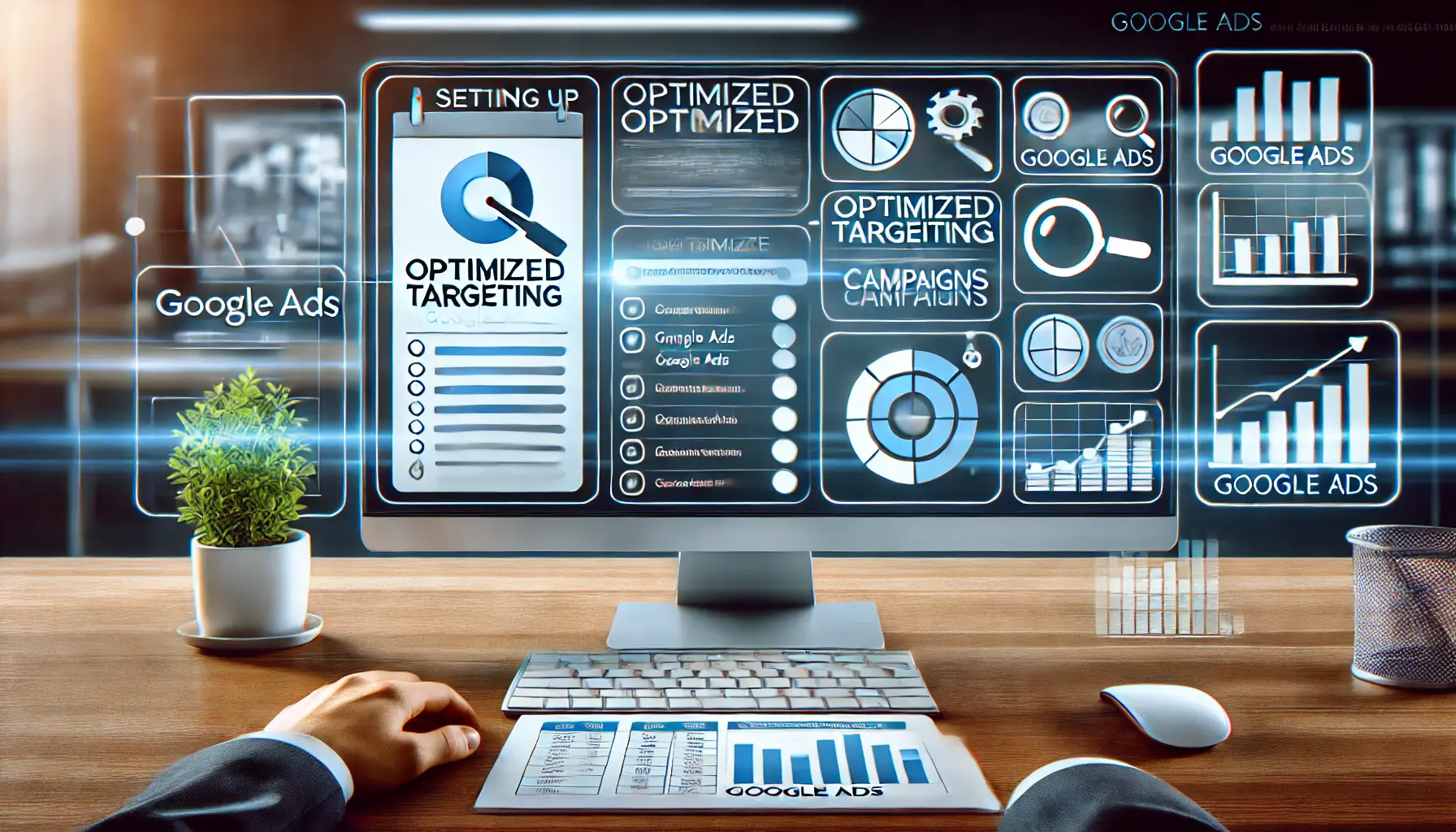 An illustration of the process of setting up optimized targeting in Google Ads with a user interface.