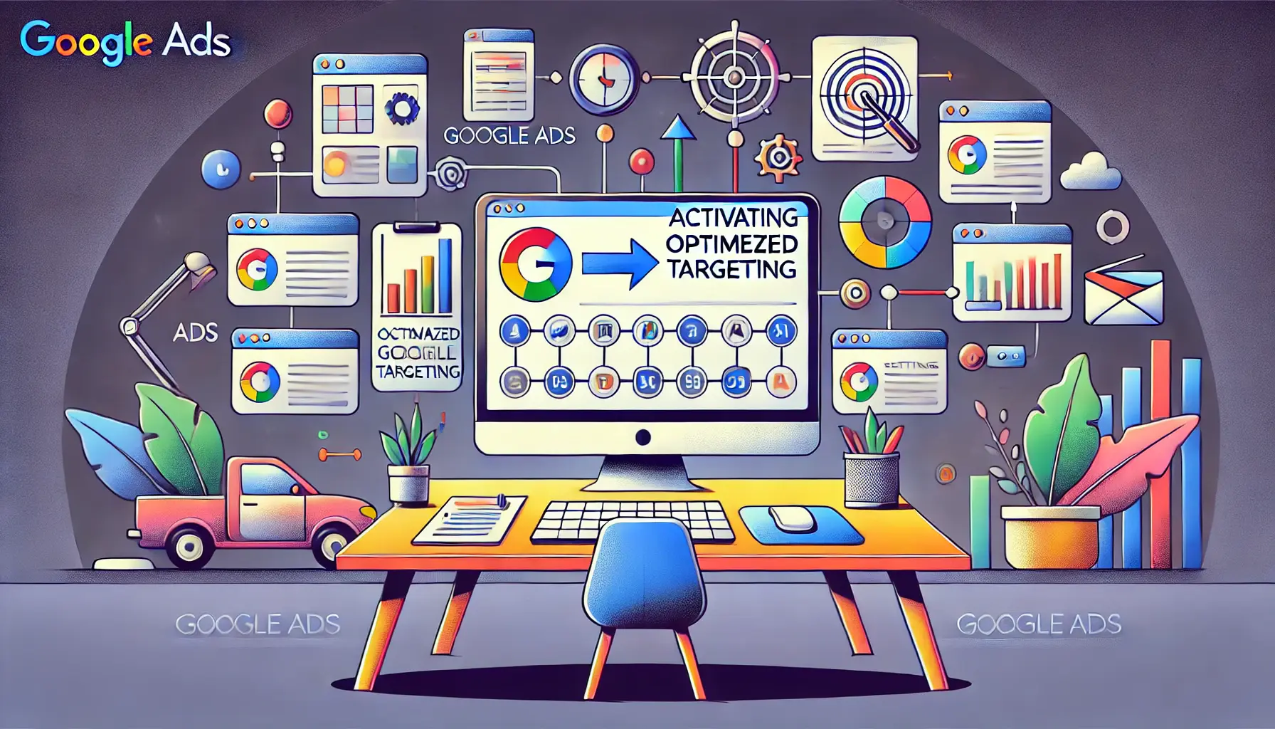 An instructional image depicting the step-by-step process of activating optimized targeting in Google Ads.