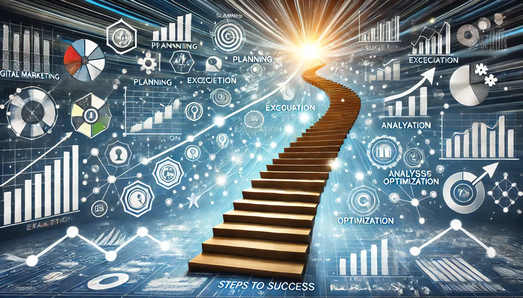 An illustration depicting the concept of steps to success in digital marketing with a staircase leading upward.