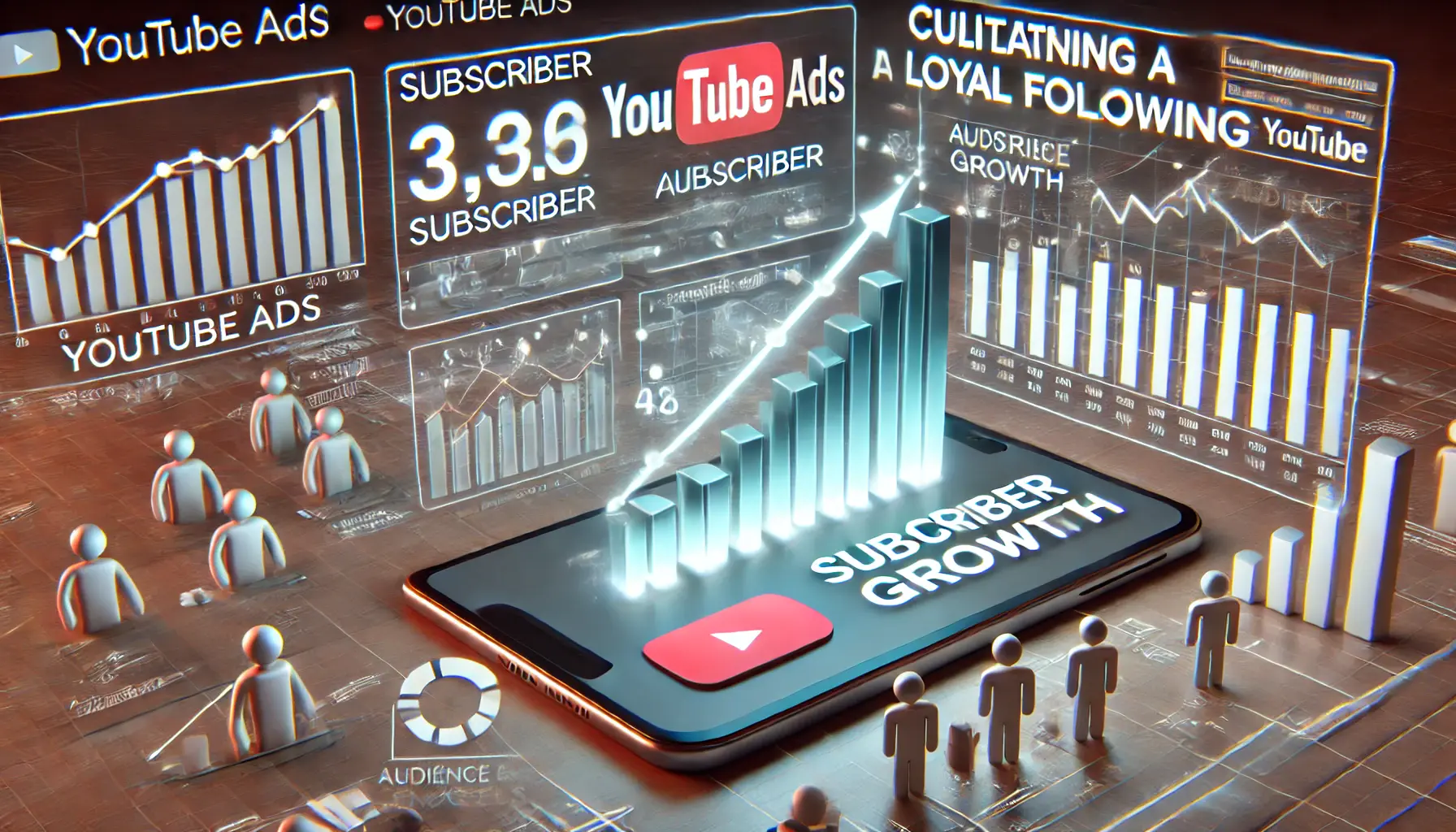 Digital dashboard showing subscriber growth metrics with subscriber count, audience engagement, and growth trend graphs for YouTube ads.