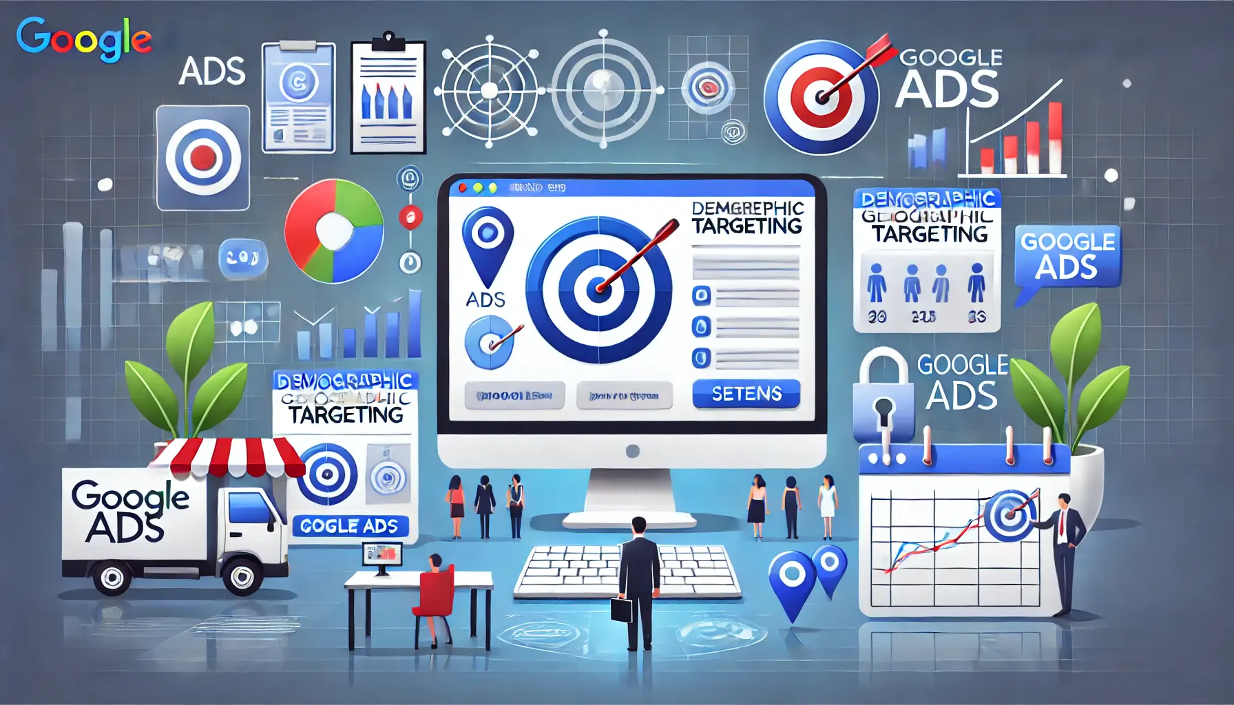 An illustration showcasing various targeting options in Google Ads with visual representations.