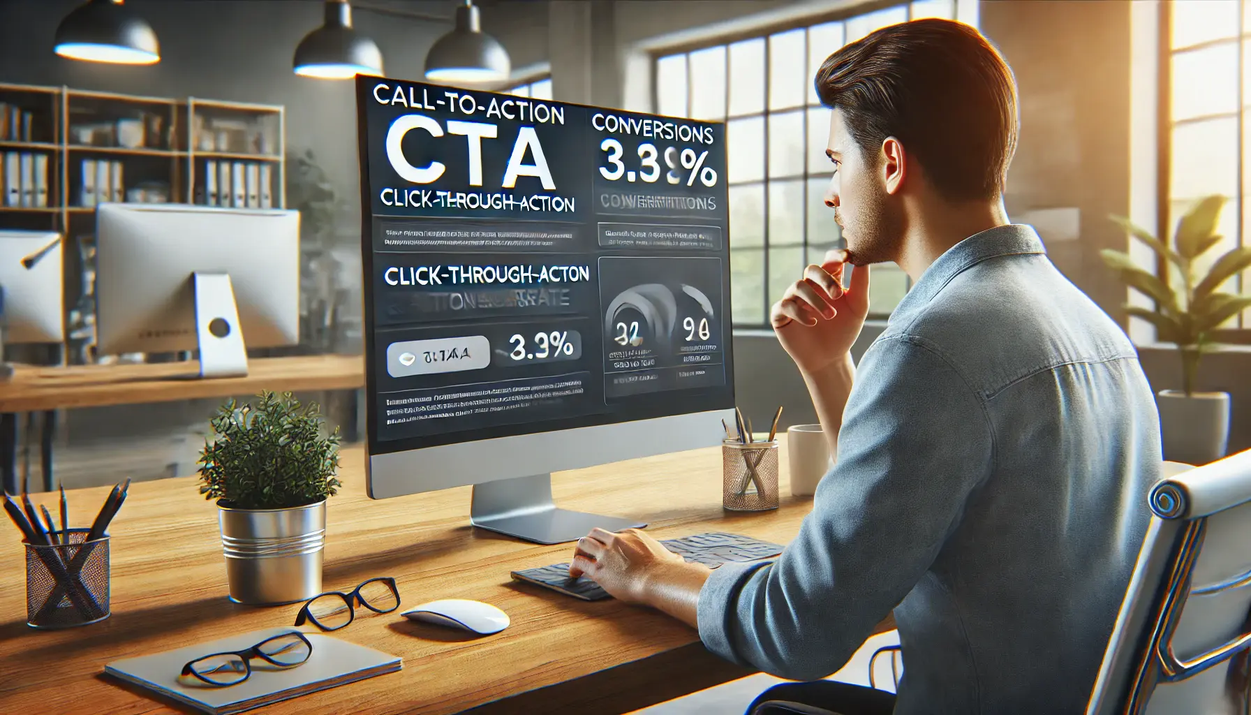 A digital marketer analyzing CTA performance metrics like click-through rates and conversions on a computer screen.