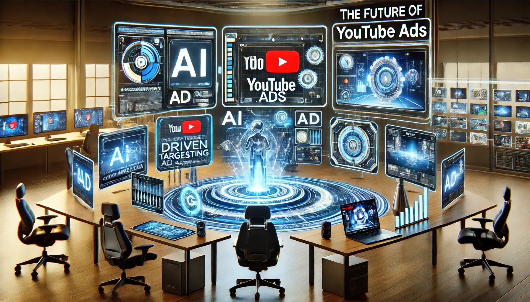 Futuristic digital marketing workspace showcasing the future of YouTube Ads with advanced features