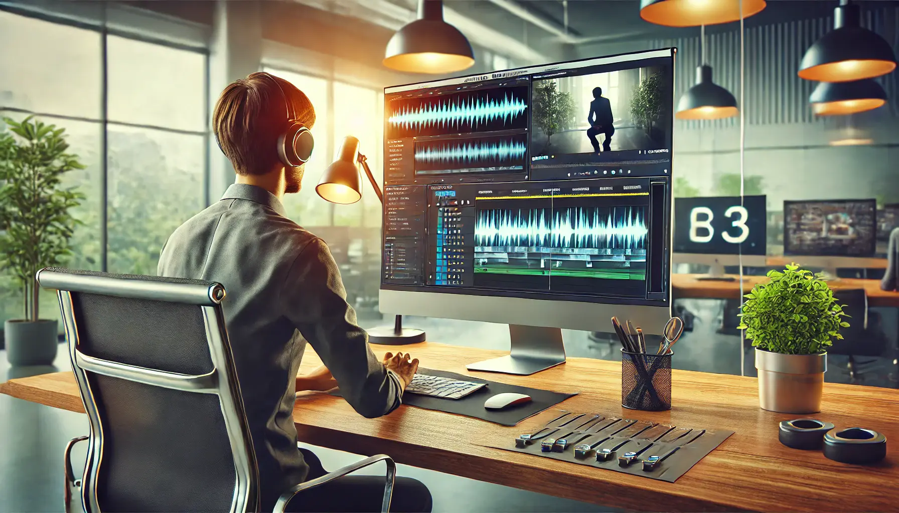 A digital marketer adjusting sound effects in a video editing software, enhancing engagement in an ad campaign.