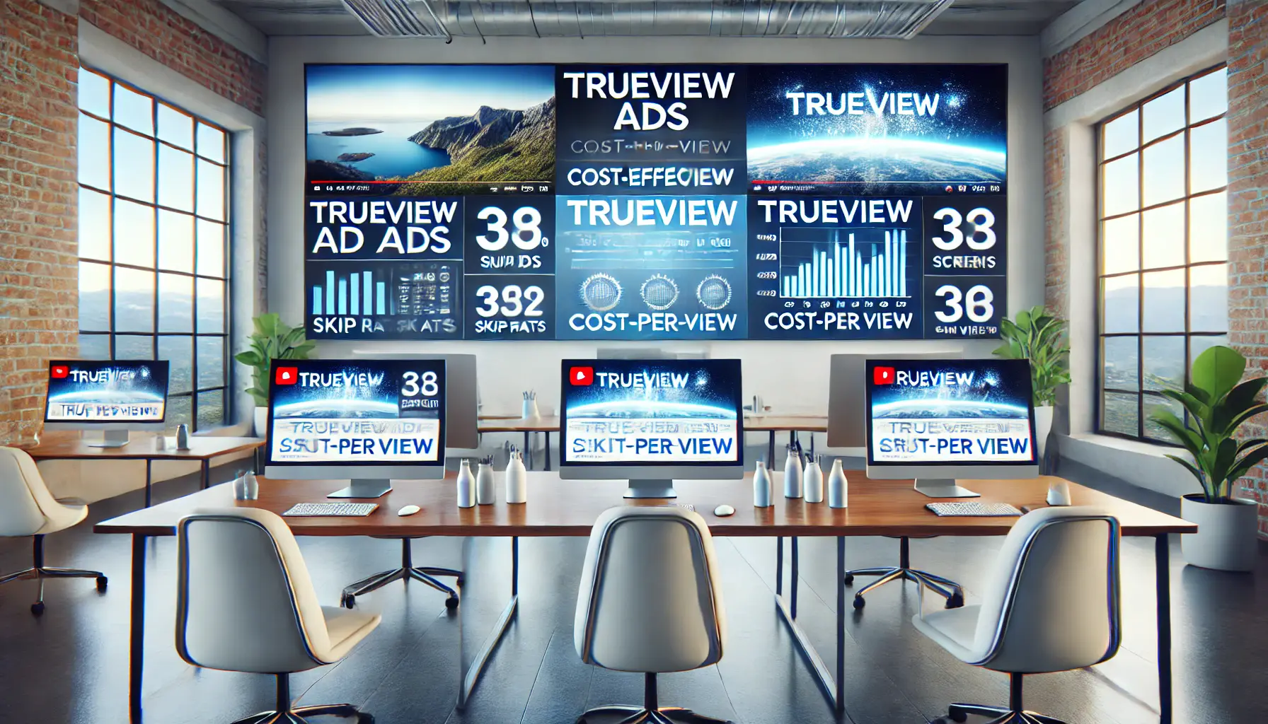 Digital marketing workspace showcasing TrueView ad previews and cost-effective metrics