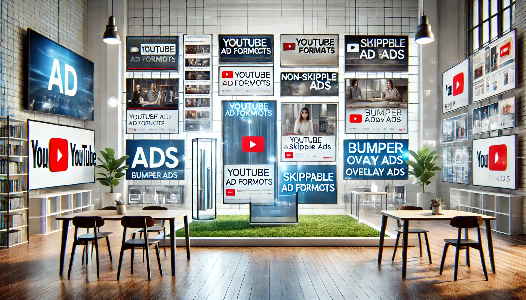 Digital workspace showcasing different YouTube ad formats on multiple screens