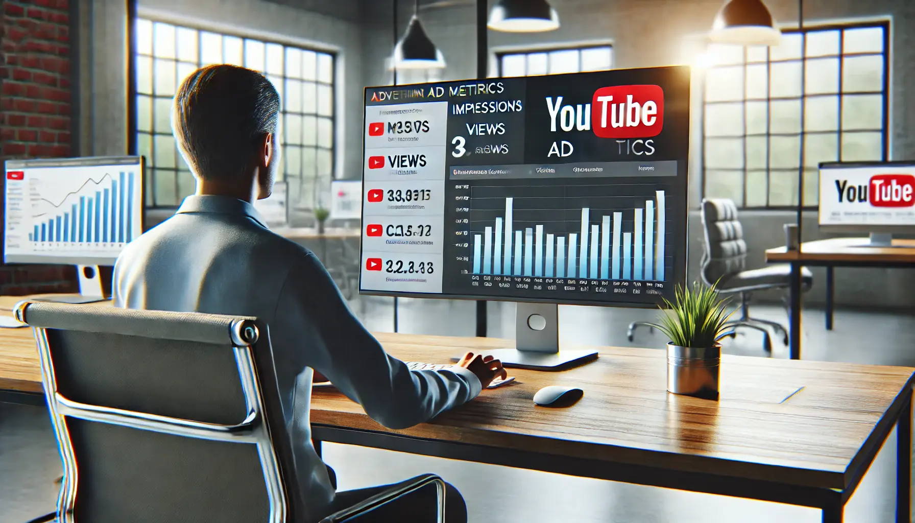 A digital marketer reviewing YouTube ad metrics like impressions, views, and click-through rates on a computer screen.