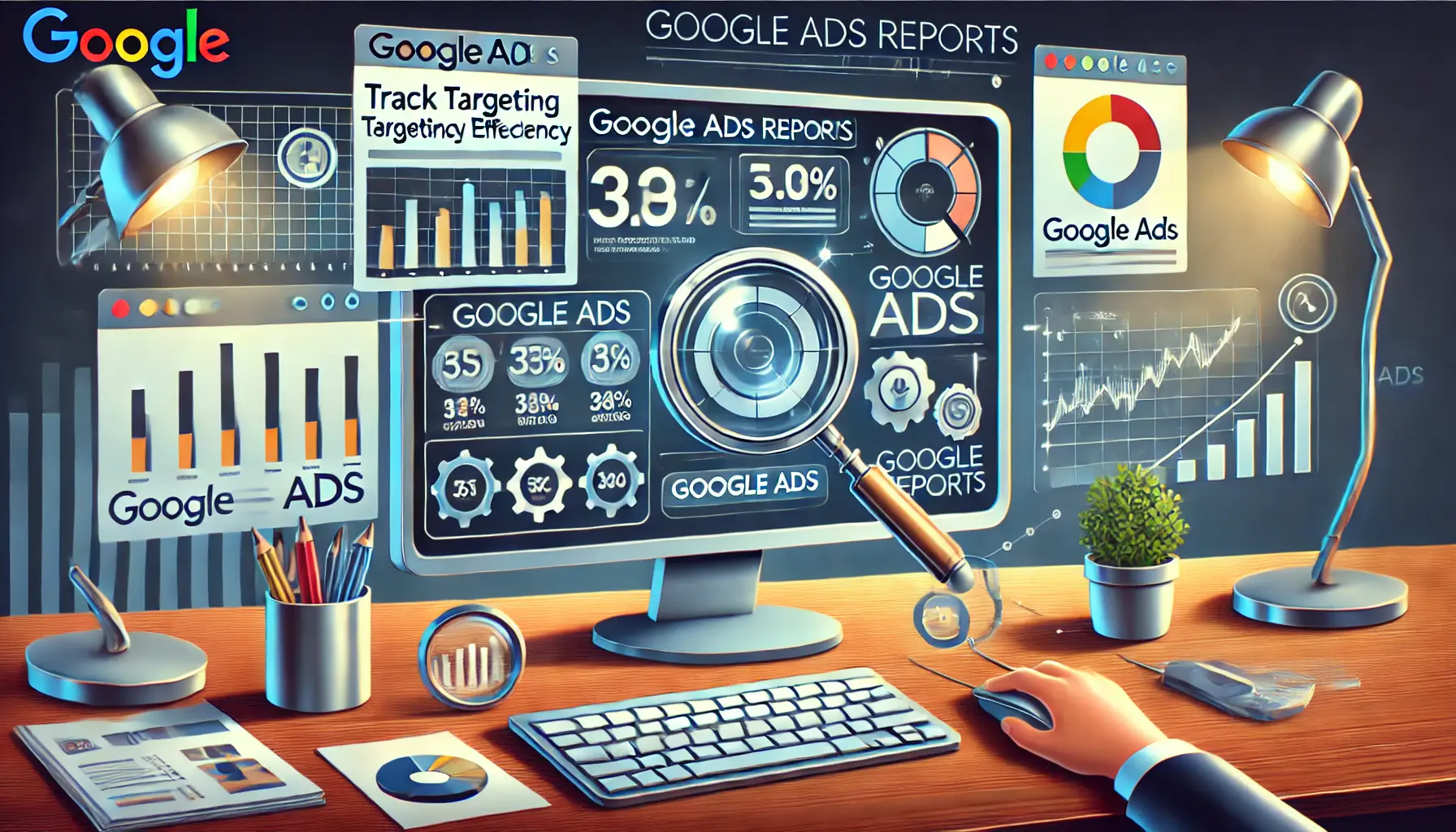 An illustration depicting the use of Google Ads reports to track targeting efficiency with analytics on a screen.