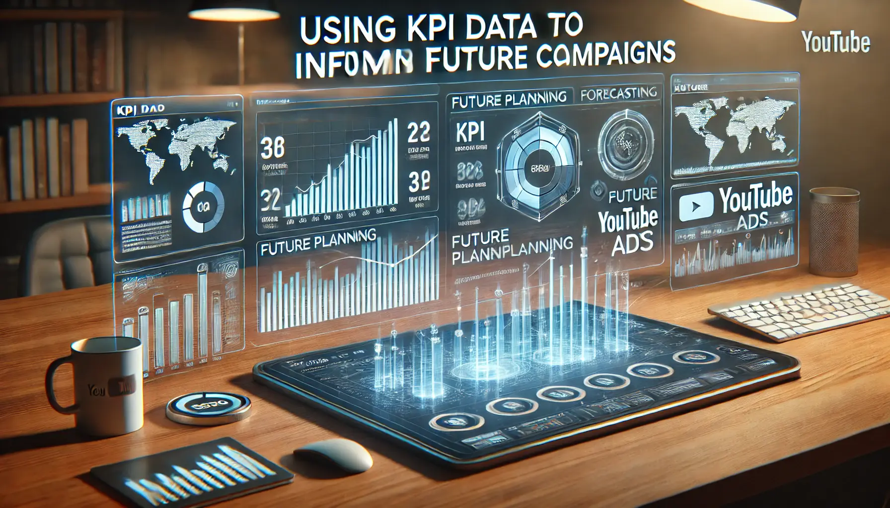 Digital dashboard showing KPI metrics with forecasting visuals, trend graphs, and future planning charts for YouTube ads.