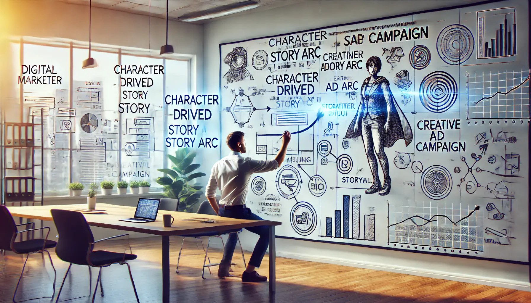 A digital marketer brainstorming and sketching a character-driven story arc on a whiteboard for an ad campaign.