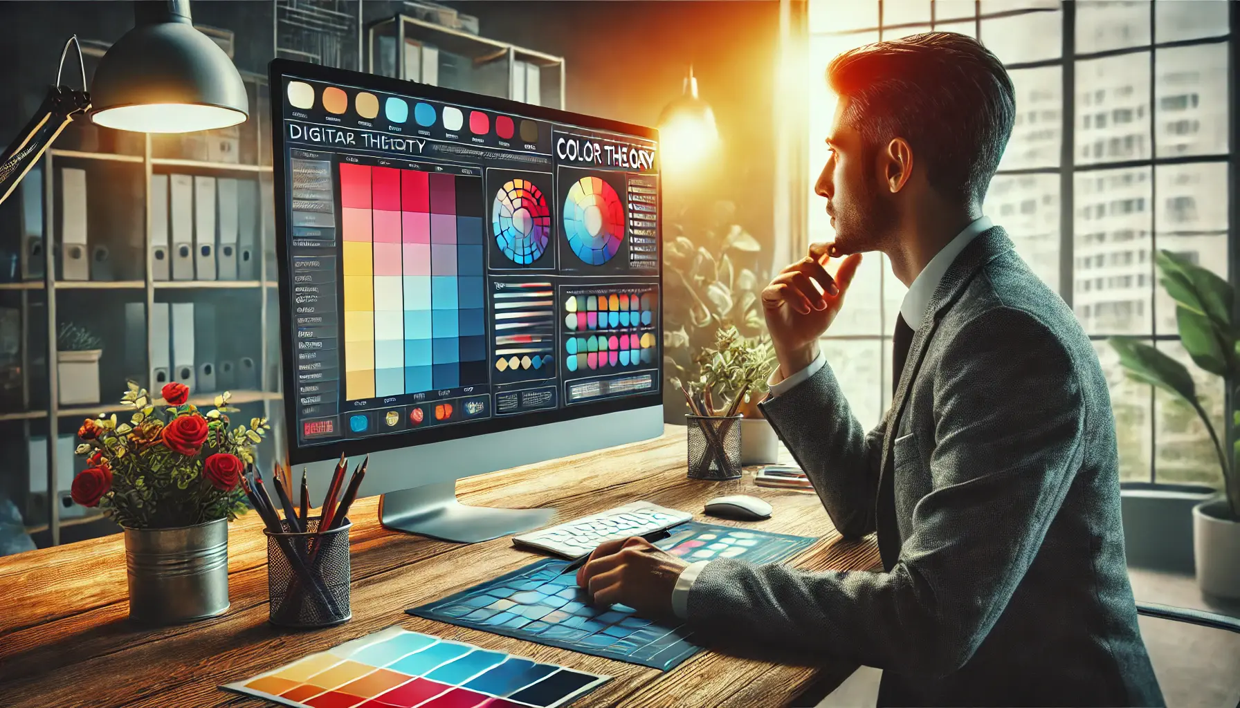 A digital marketer selecting color palettes on a computer screen, utilizing color theory for an ad campaign design.