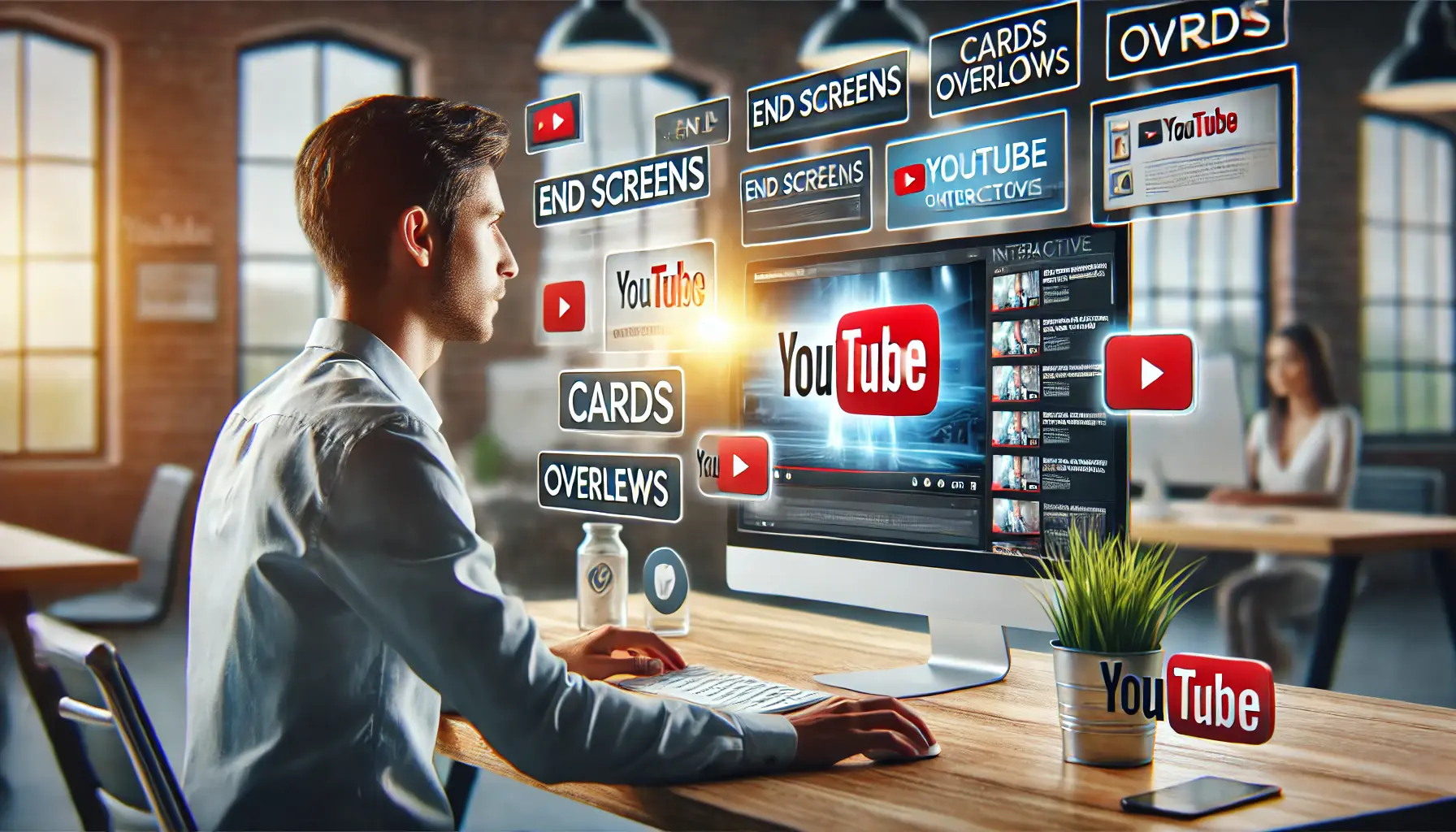 A digital marketer reviewing YouTube's interactive features like end screens, cards, and overlays to enhance an ad campaign.