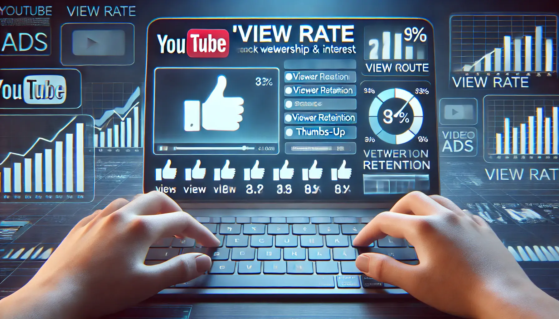 Digital dashboard showing view rate metrics with view counts and viewer retention graphs for YouTube ads.