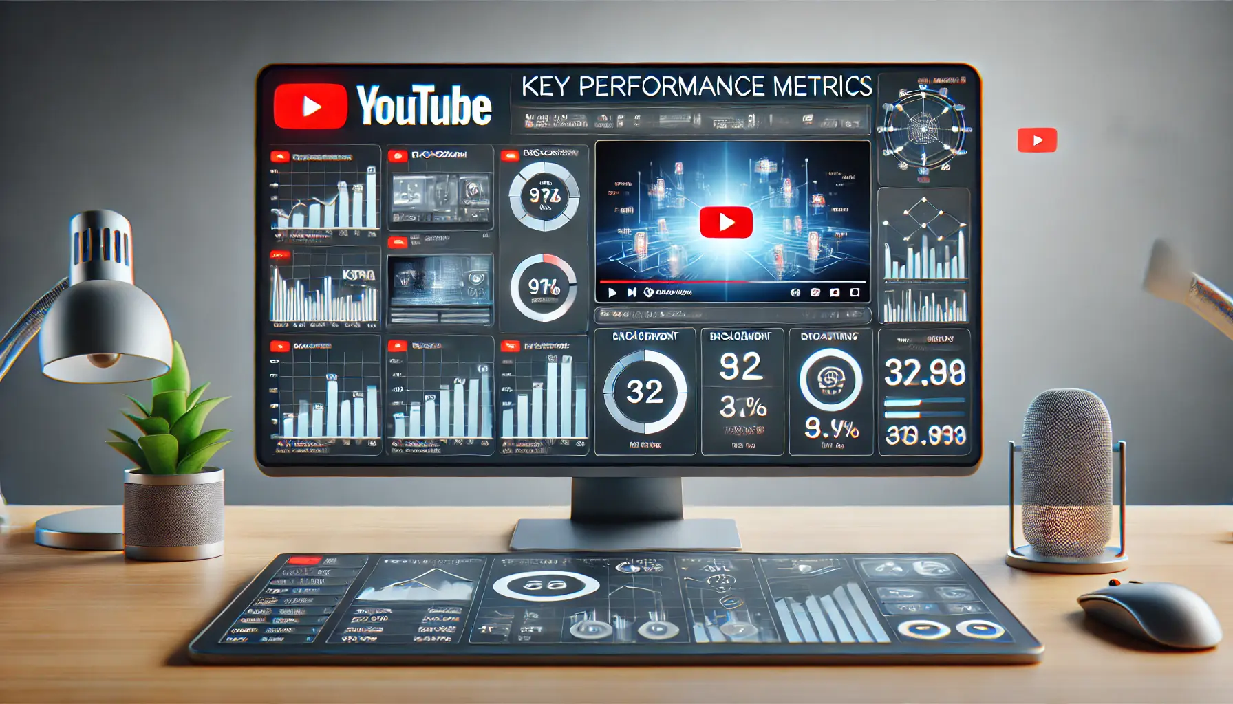 YouTube dashboard showing key performance metrics with graphs and engagement visuals.