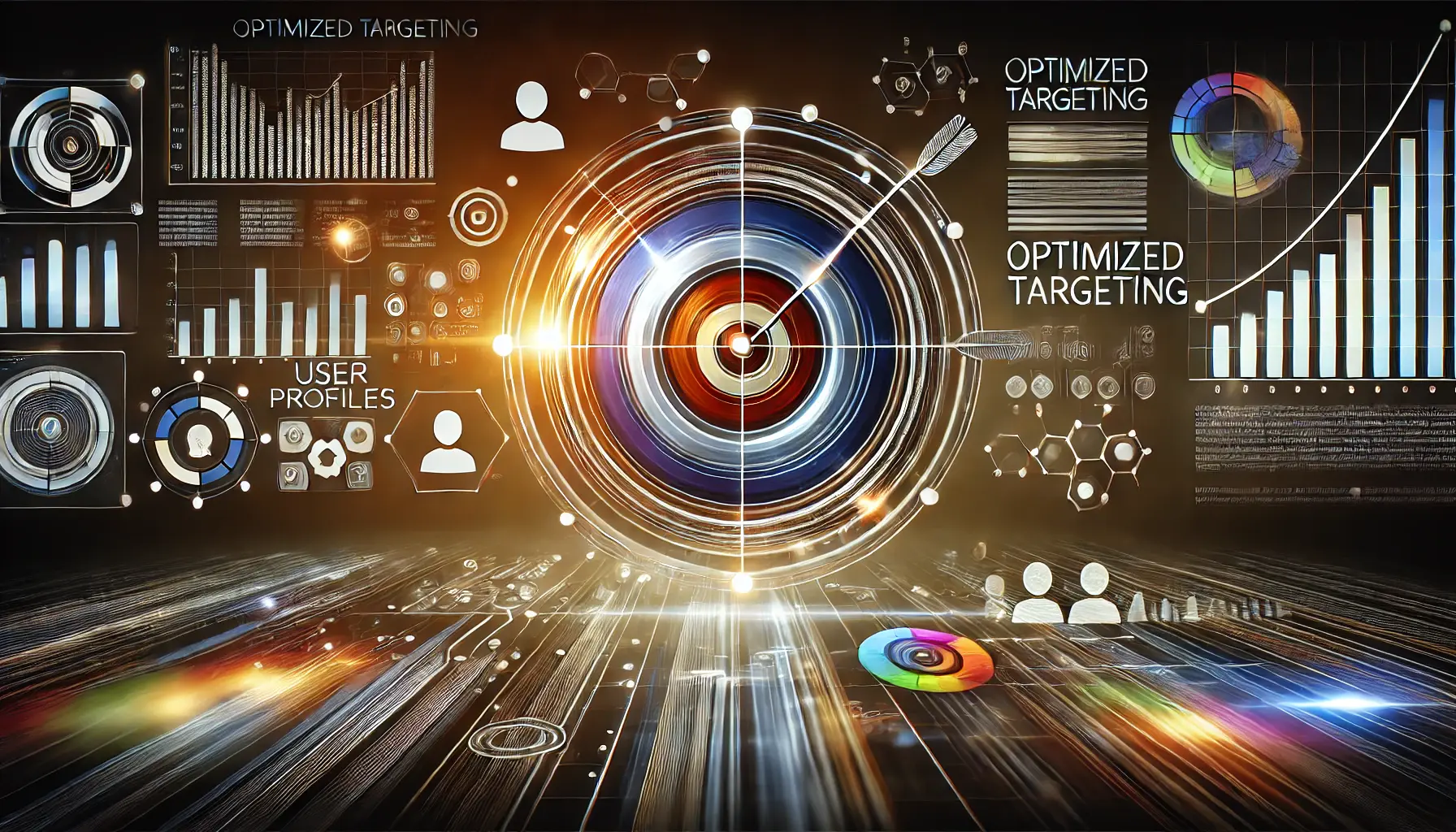 An abstract representation of optimized targeting in digital marketing with a target surrounded by digital elements.