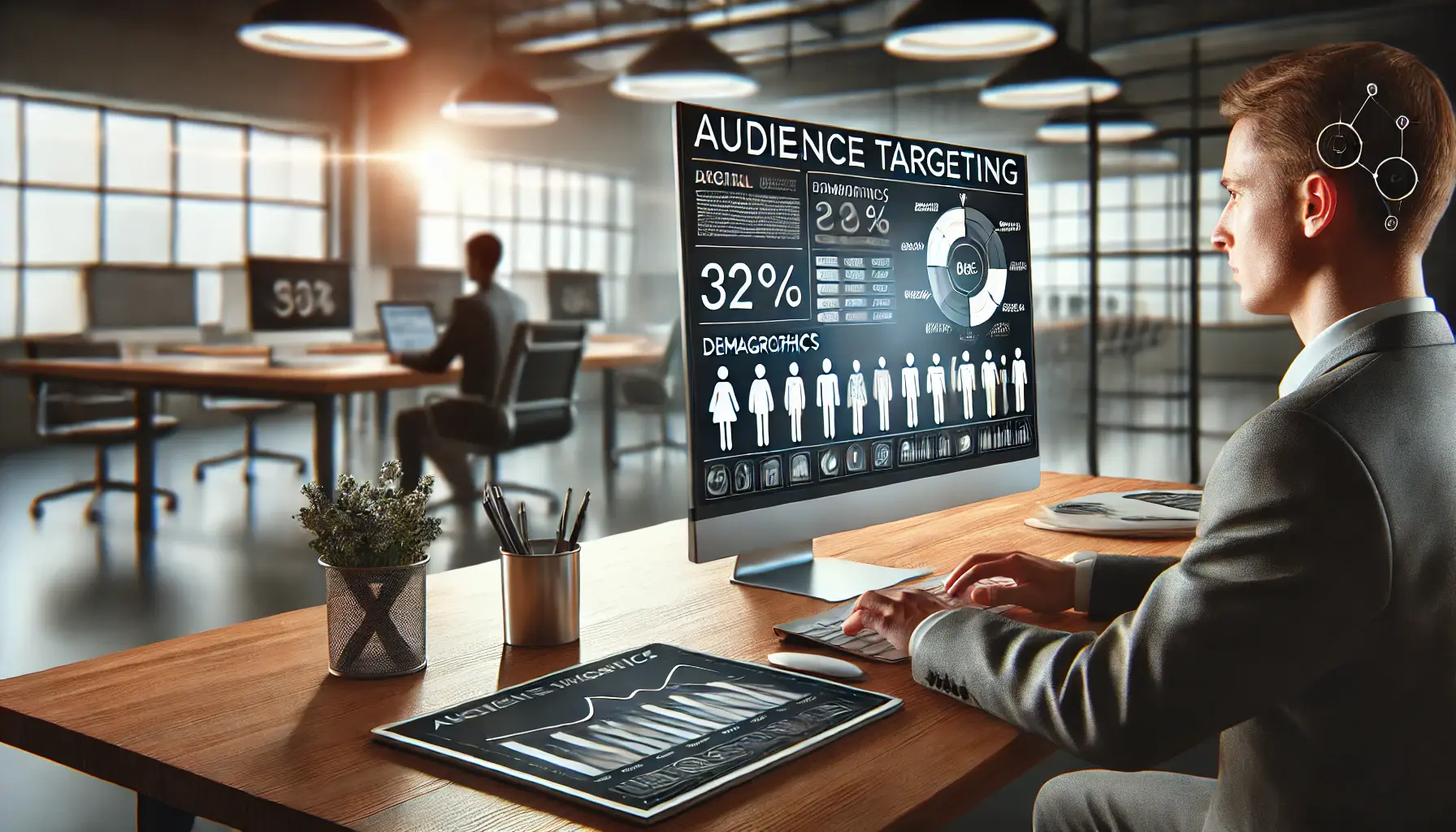 A digital marketer analyzing audience data with demographics and charts on a computer screen, representing the concept of audience targeting.