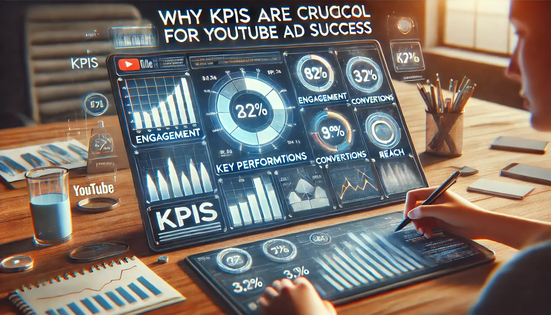 Digital dashboard showing KPI metrics such as engagement, conversions, and reach with charts and graphs for YouTube ads.