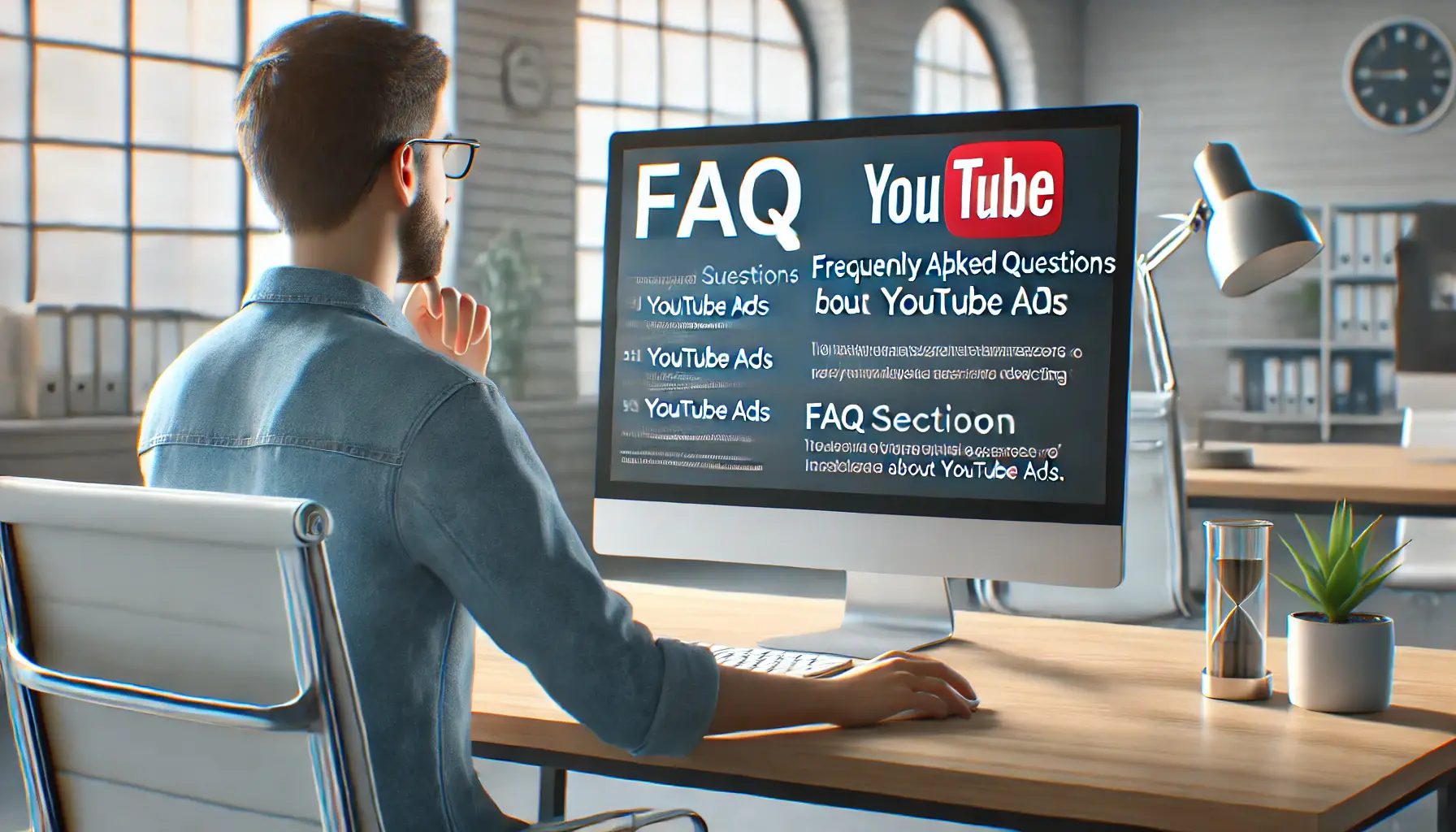 A digital marketer reviewing frequently asked questions about YouTube ads on a computer screen.