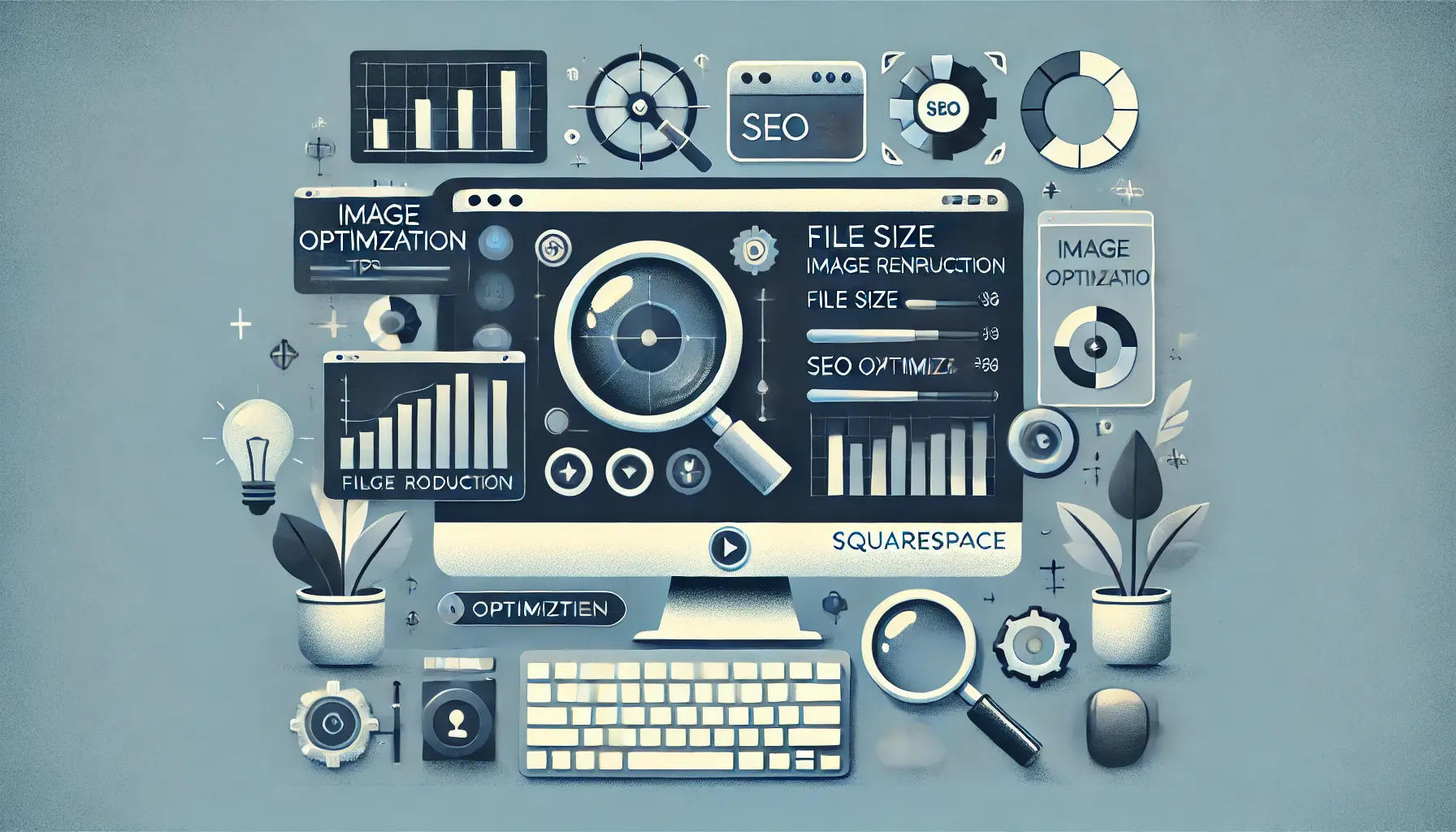 A computer screen showing an image optimization tool with elements like file size reduction, image compression, and SEO settings, accompanied by charts and magnifying glass symbols.