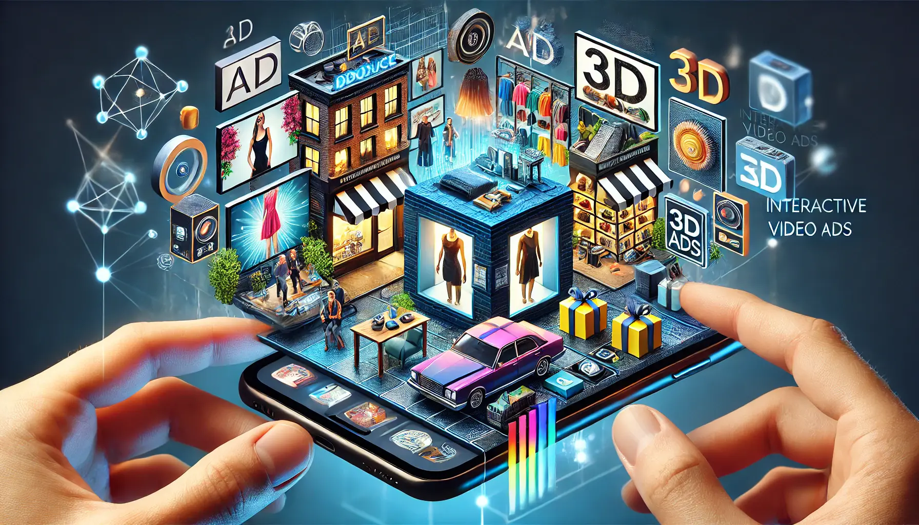 A modern marketing setup showing immersive ads such as augmented reality (AR), 3D ads, and interactive video ads displayed on smartphones and tablets, showcasing products interactively.