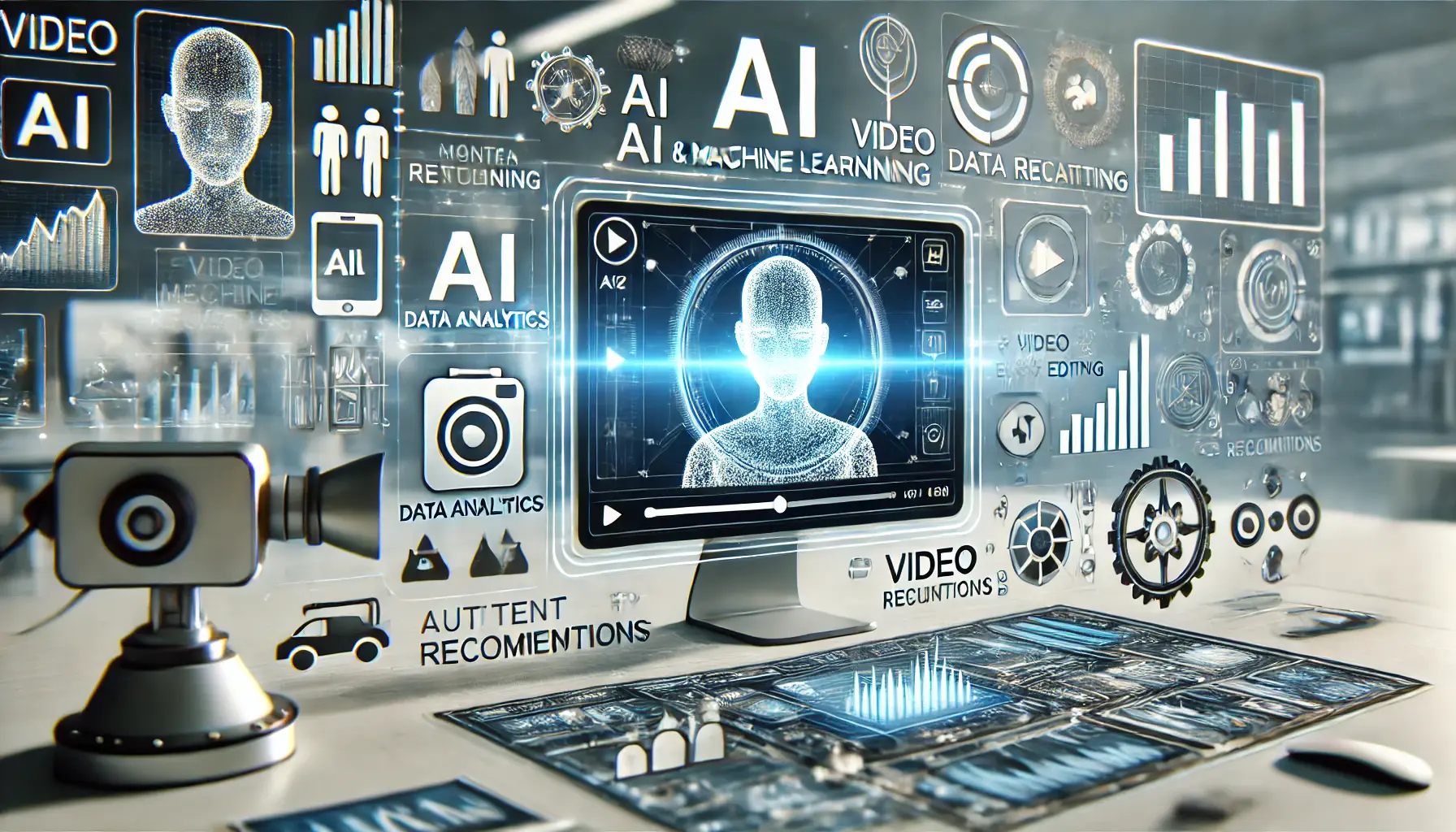 A digital scene showing the influence of AI and machine learning on video content with AI icons, data analytics visuals, and automated video elements.