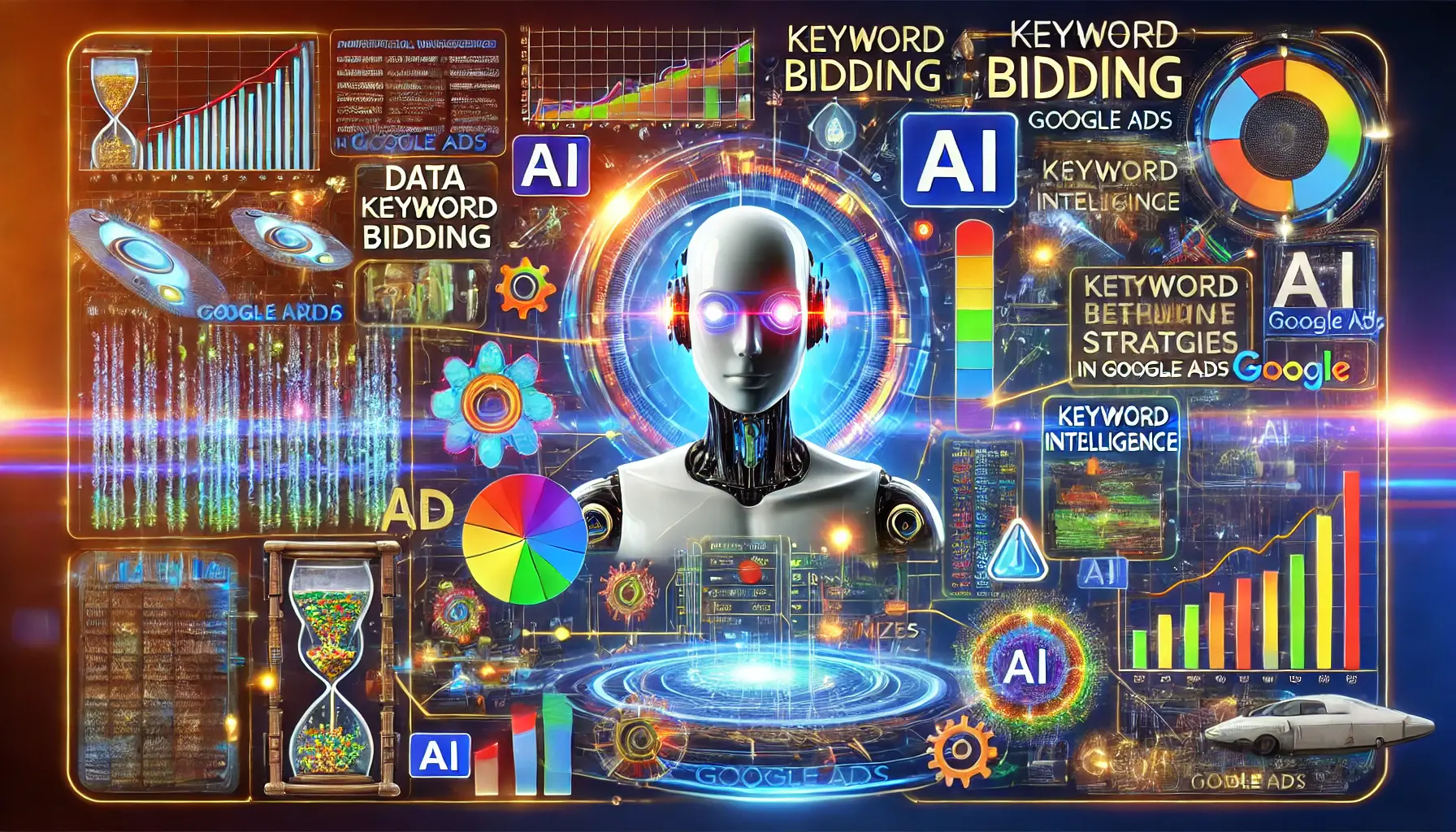 A futuristic digital marketing illustration showcasing the impact of AI on keyword bidding, featuring robotic figures and neural networks.