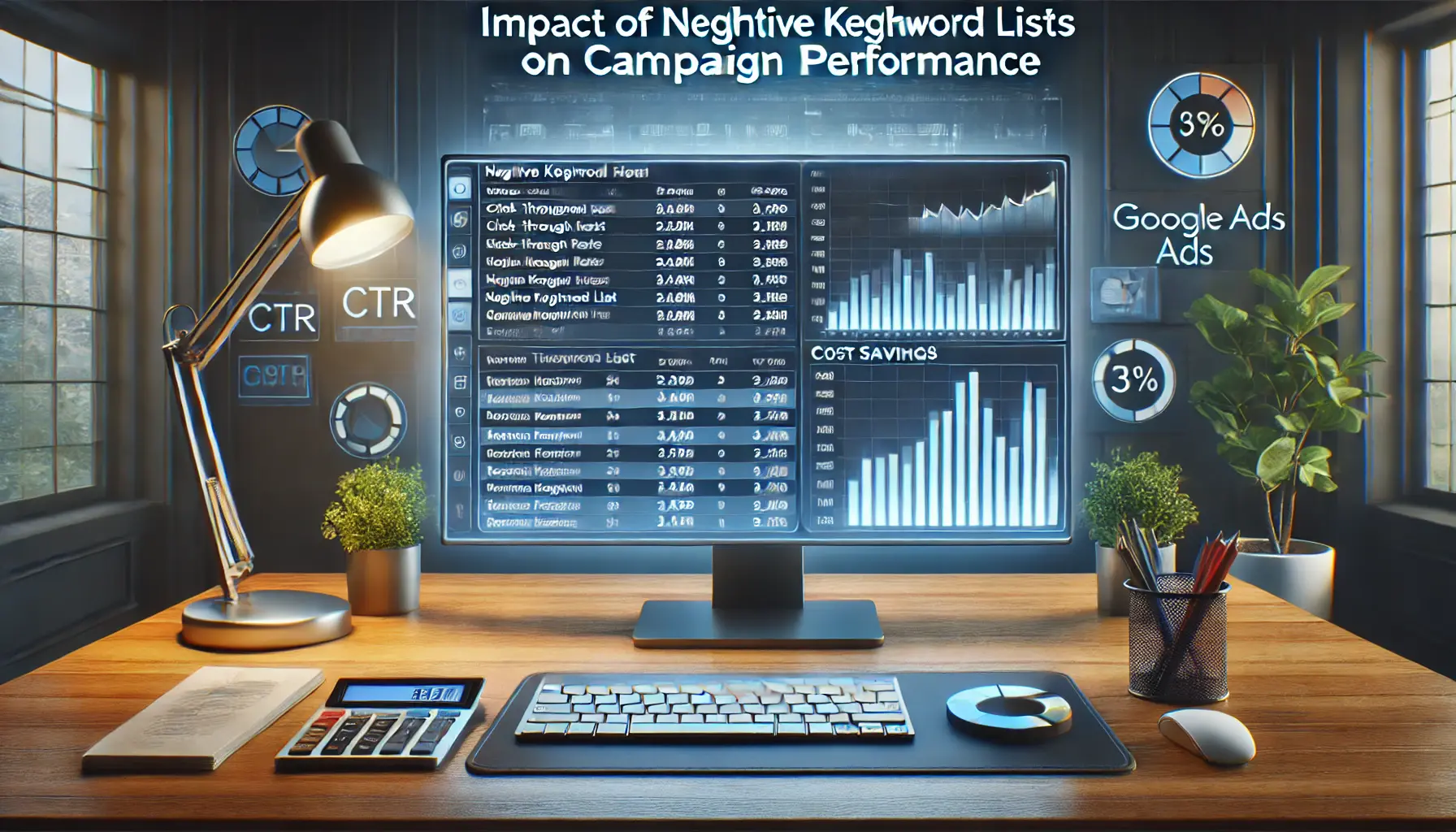 Digital advertising dashboard showing performance improvements from optimizing negative keyword lists.