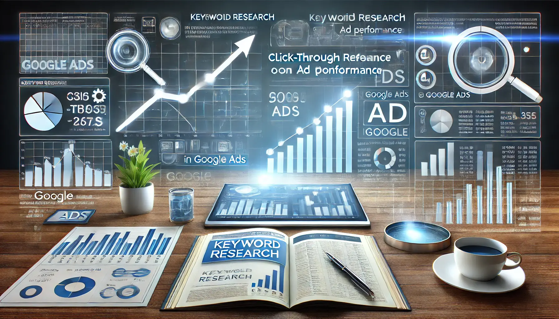 A visual representation of the impact of keyword research on ad performance, showcasing a digital marketing dashboard with metrics.