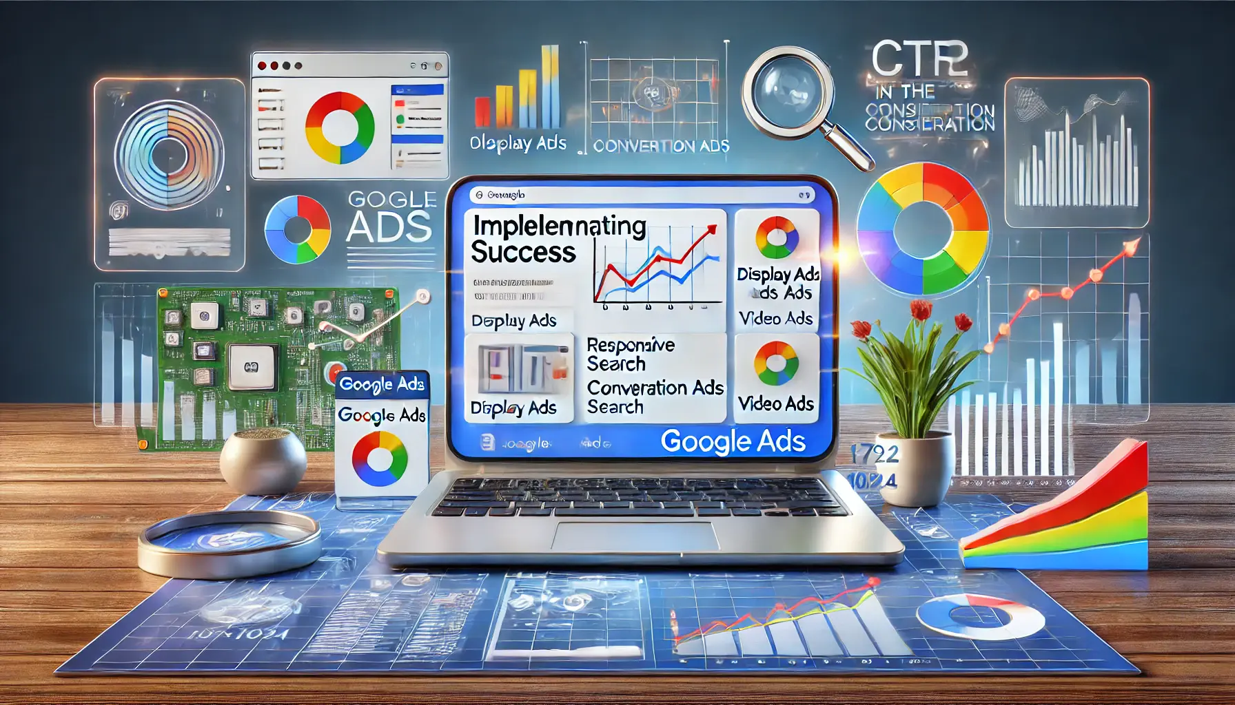 Digital marketing scene with a laptop displaying Google Ads interface, showing various ad formats like display ads, video ads, and responsive search ads, surrounded by visuals of performance tracking metrics like CTR and conversion rates.