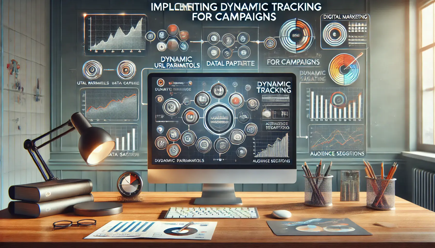 Image depicting a digital workspace with a computer showing a dynamic tracking setup, including dynamic URL parameters and flowcharts.