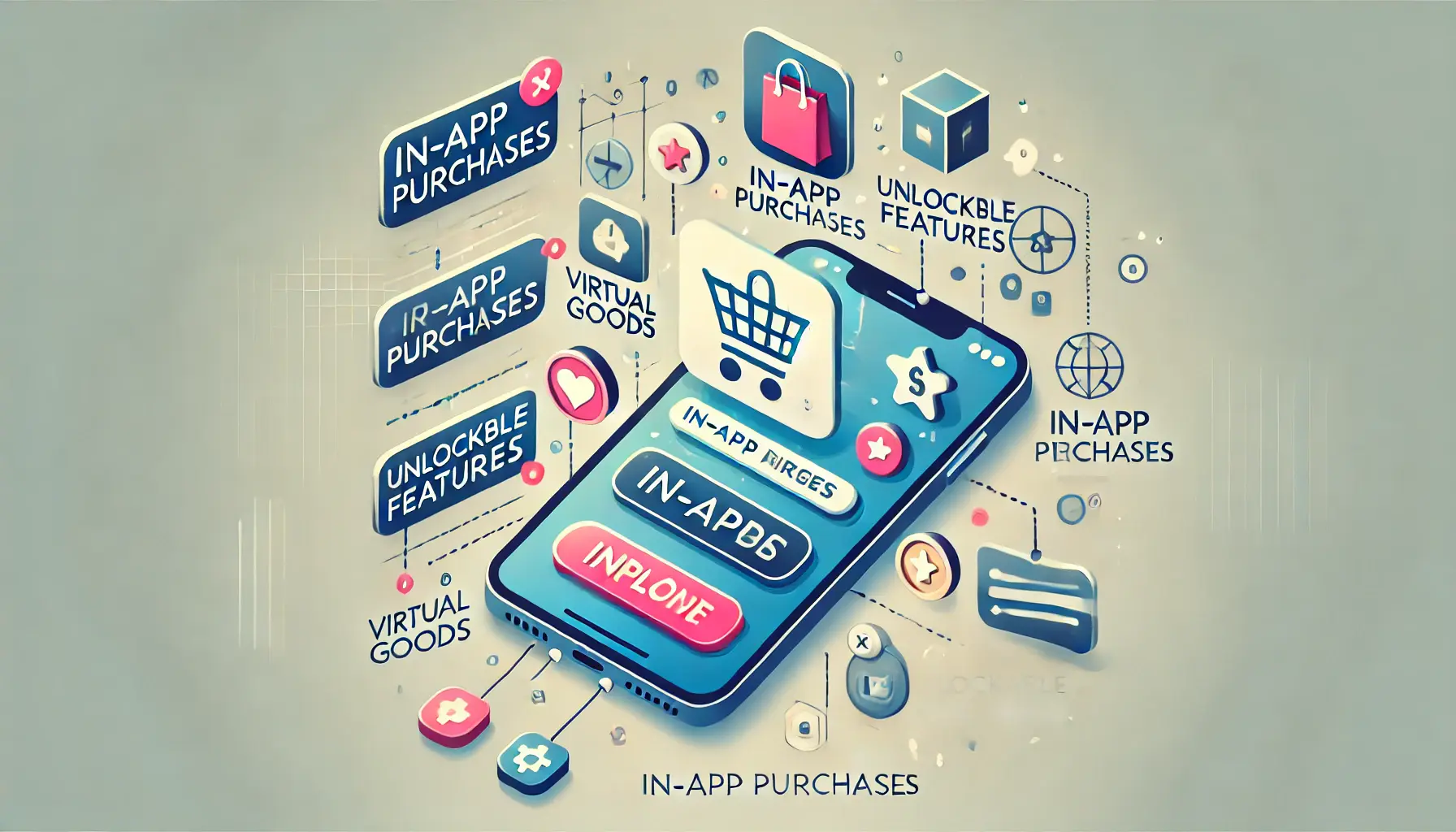 Digital illustration showing a mobile device interface with elements representing in-app purchases, such as virtual goods and payment icons.