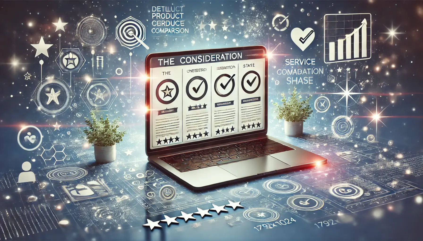 Digital marketing image representing the importance of consideration with a laptop displaying a product page, surrounded by icons like stars and check marks indicating consumer preference and evaluation.