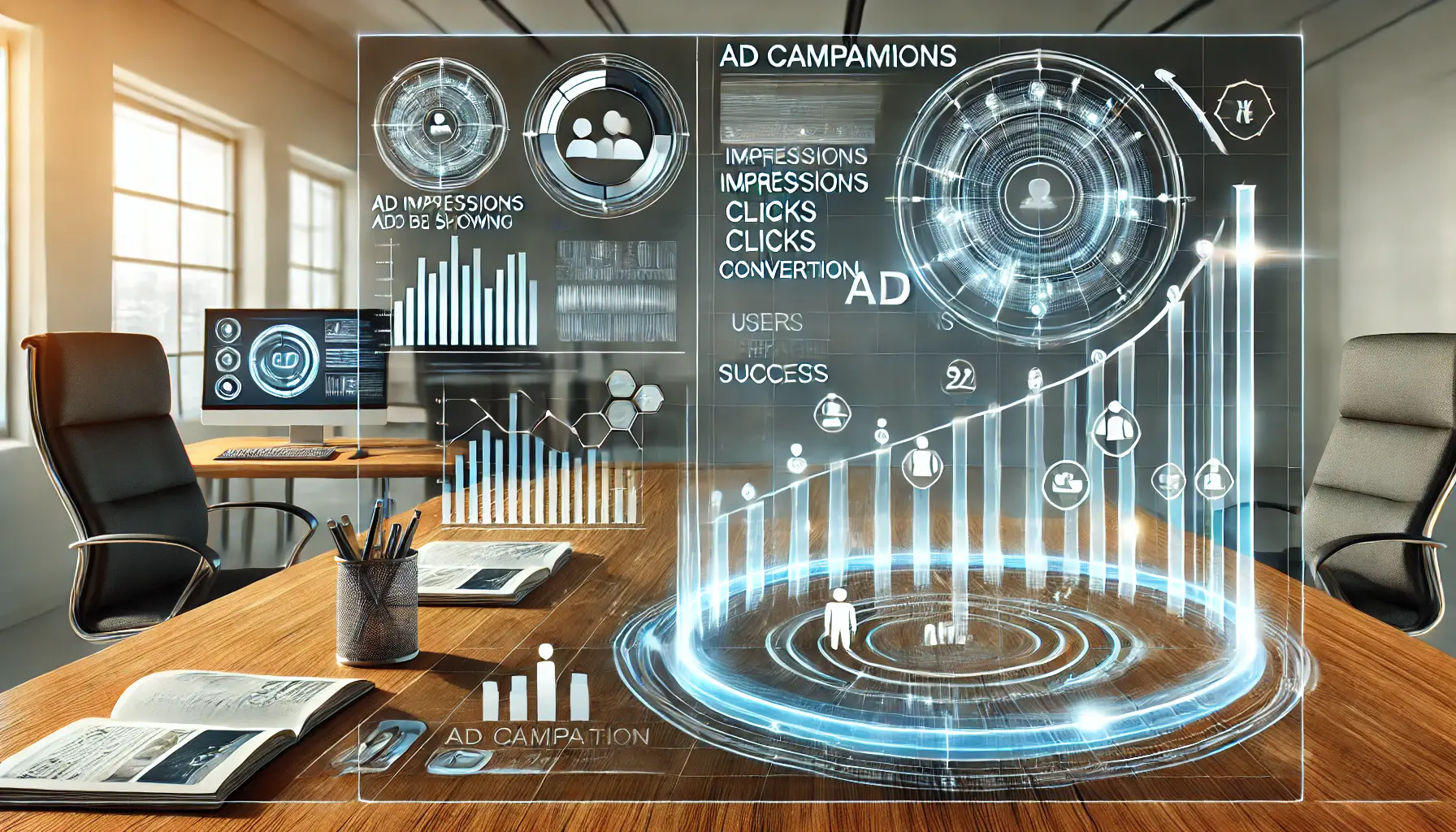 Visualization showing the impact of ad impressions on campaign success with graphs and key metrics like clicks and conversions.