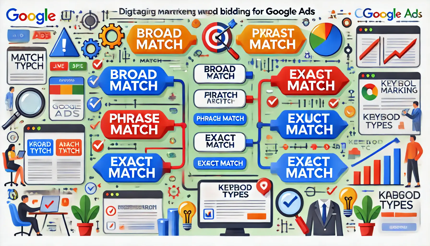 A digital marketing illustration depicting the importance of match types in keyword bidding, featuring Broad Match, Phrase Match, and Exact Match with graphical elements.