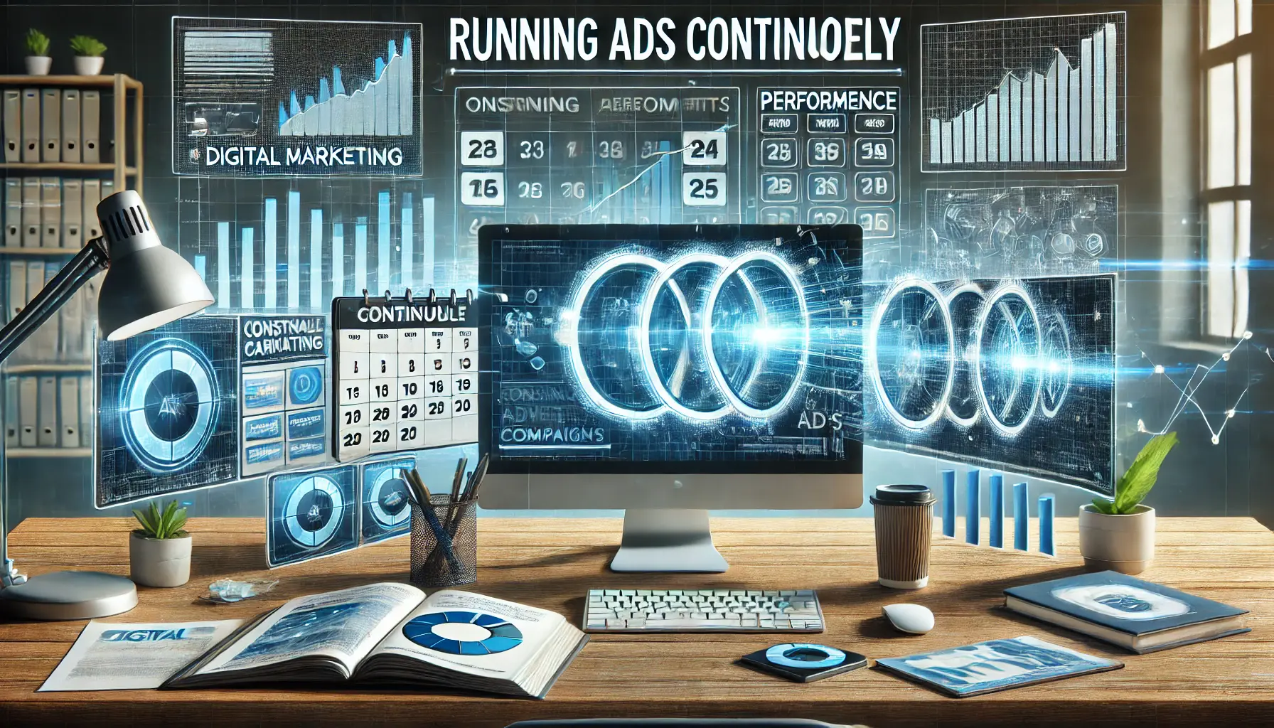 A computer workstation displaying ongoing ad campaigns and performance metrics with a calendar highlighting an advertising schedule.