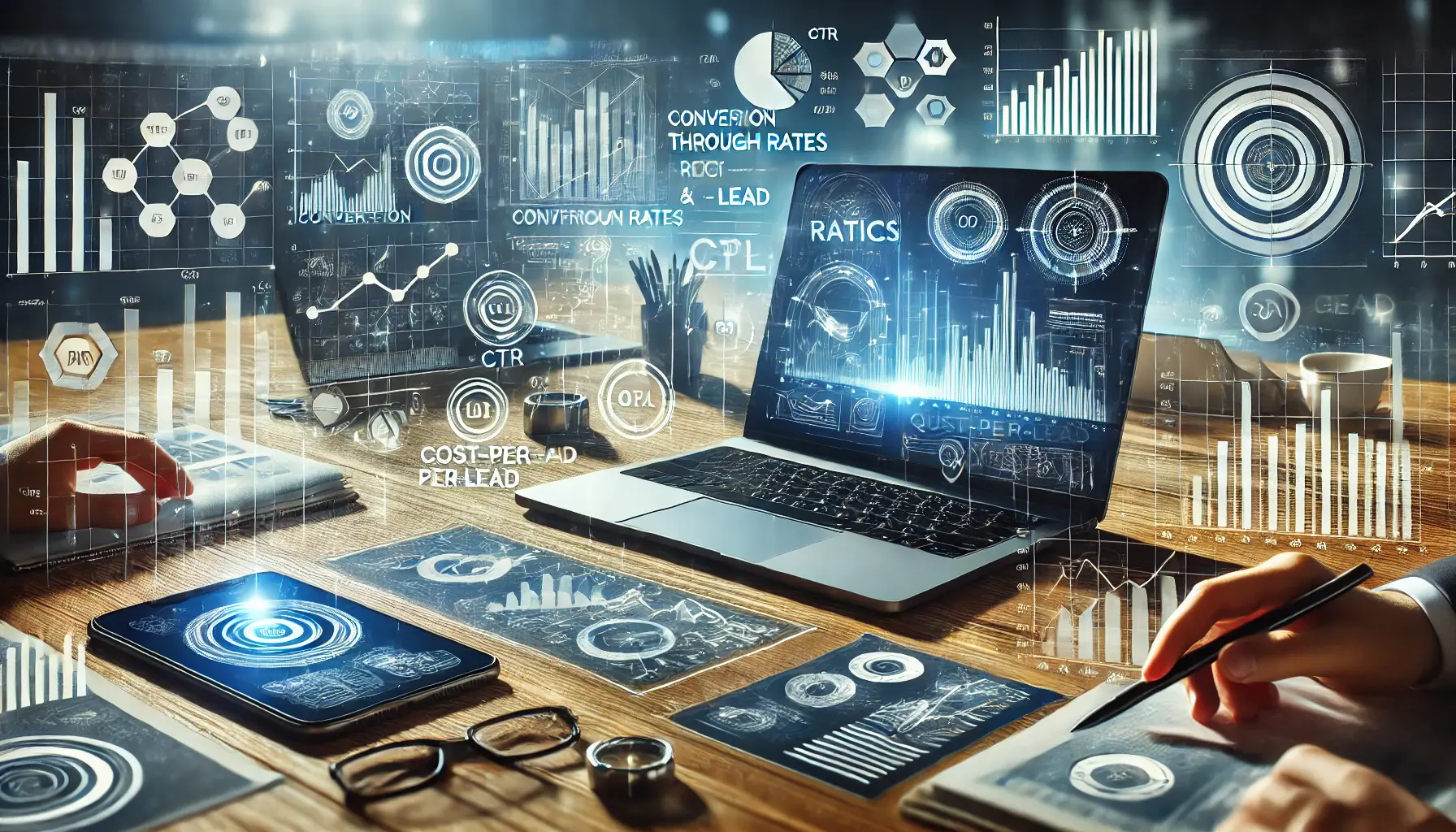 A digital marketing scene with abstract charts and dashboards representing key metrics for lead generation campaigns, including conversion rates, CTR, CPL, and quality scores.