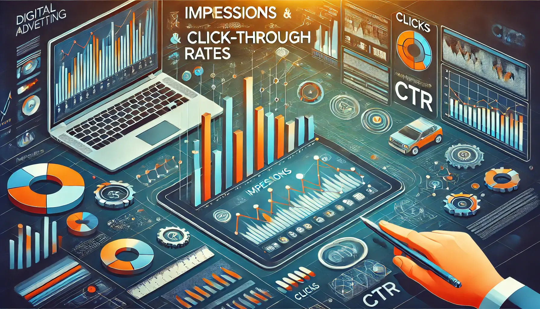 An informative image illustrating impressions and click-through rates (CTR) in digital advertising, featuring a bar graph and a vibrant digital marketing background.