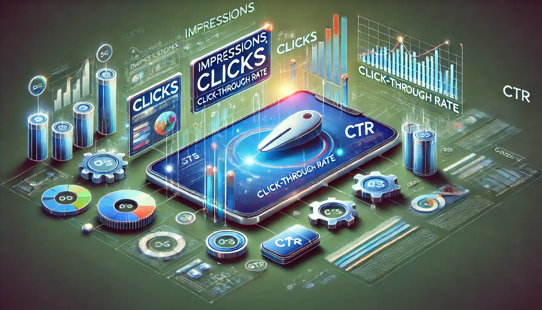 A visual representation of impressions, clicks, and click-through rate (CTR) in digital advertising, featuring ad displays and user interactions.