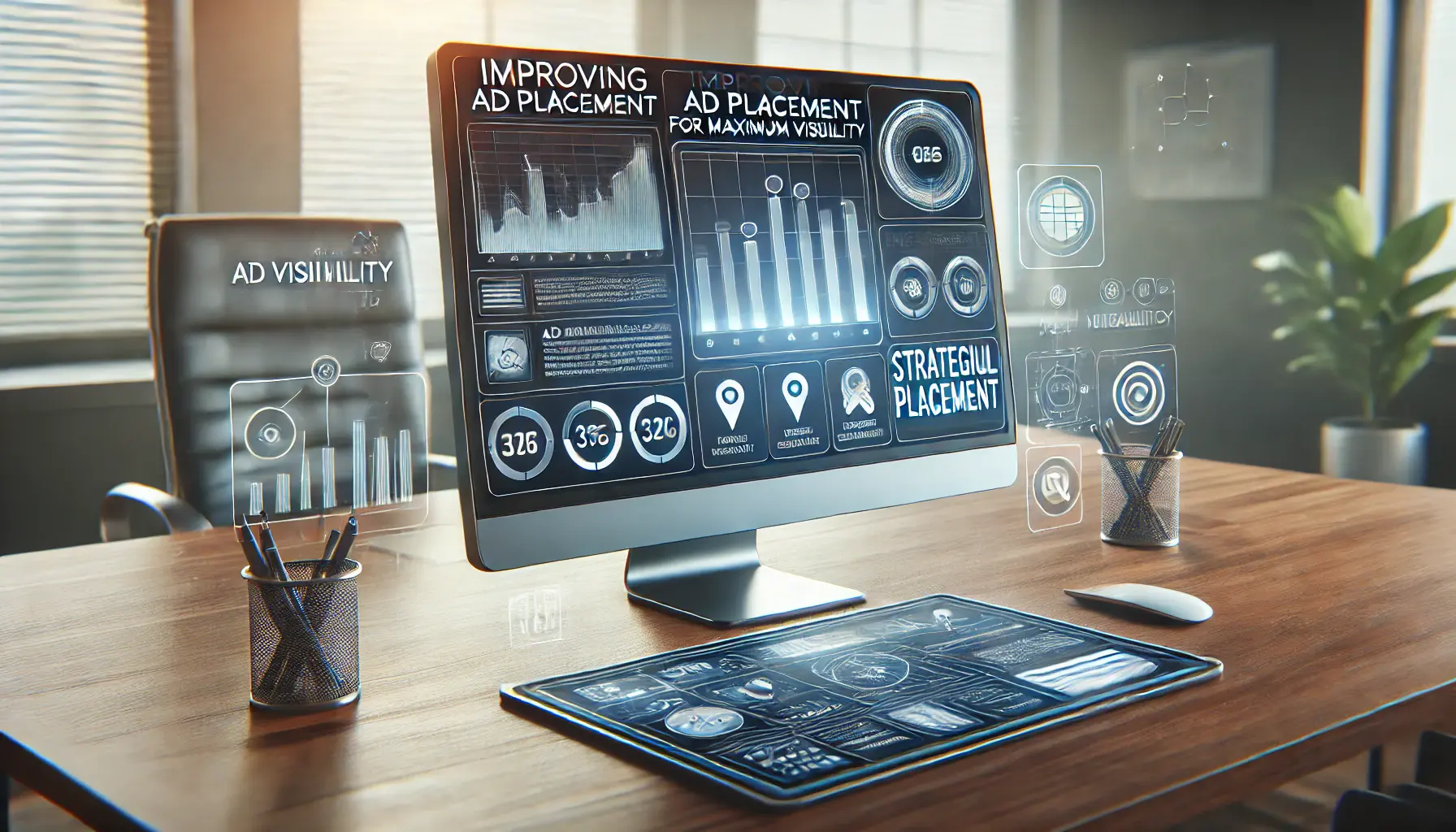 Workspace with a large monitor displaying ad analytics and placement options, surrounded by icons representing visibility metrics and engagement, symbolizing strategic ad placement.