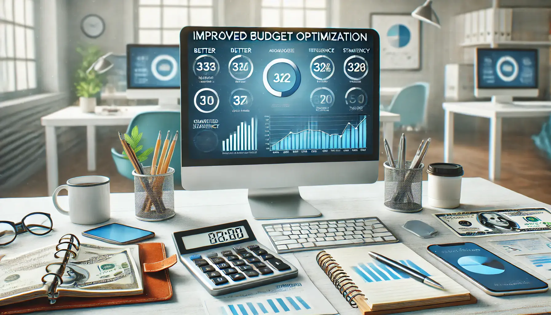 A professional digital marketing workspace showing a computer with an ad management platform, displaying graphs related to better resource allocation and cost efficiency, symbolizing improved budget optimization.