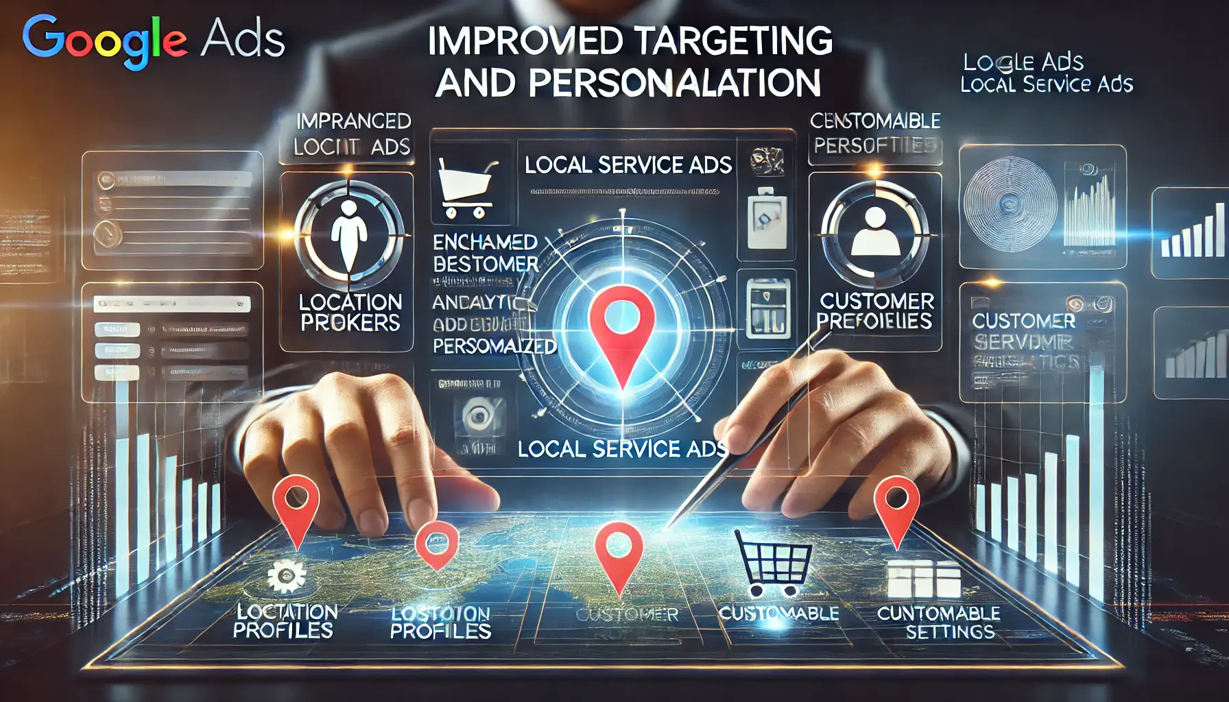 A digital dashboard showing targeting tools like location markers, customer profiles, and personalized service options, representing improved targeting and personalization in Google Ads' Local Service Ads.