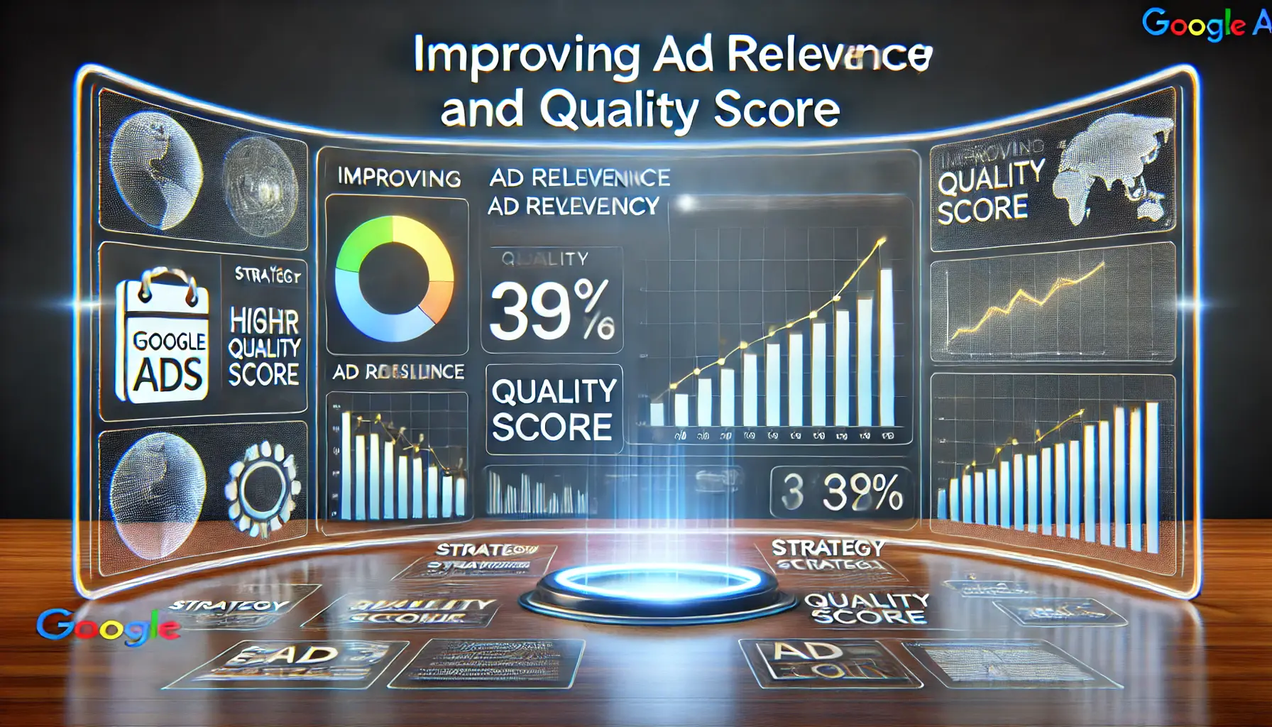 Digital advertising interface showing improvements in ad relevance and Quality Score through charts and metrics.