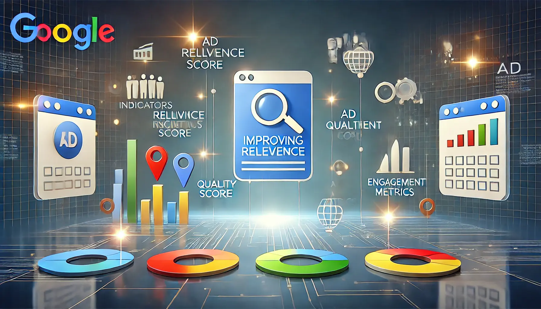 Image illustrating ad relevance score improvement with relevance indicators, Quality Score, and engagement metrics.