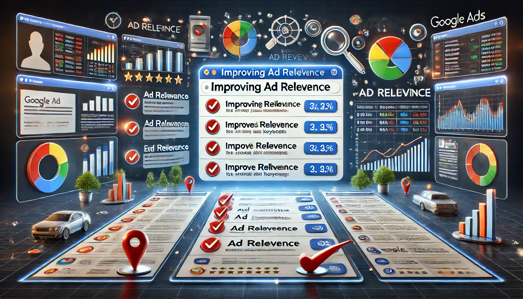 A realistic illustration depicting the process of improving ad relevance in Google Ads, featuring a search engine results page (SERP) with ads and visual elements representing ad relevance strategies.