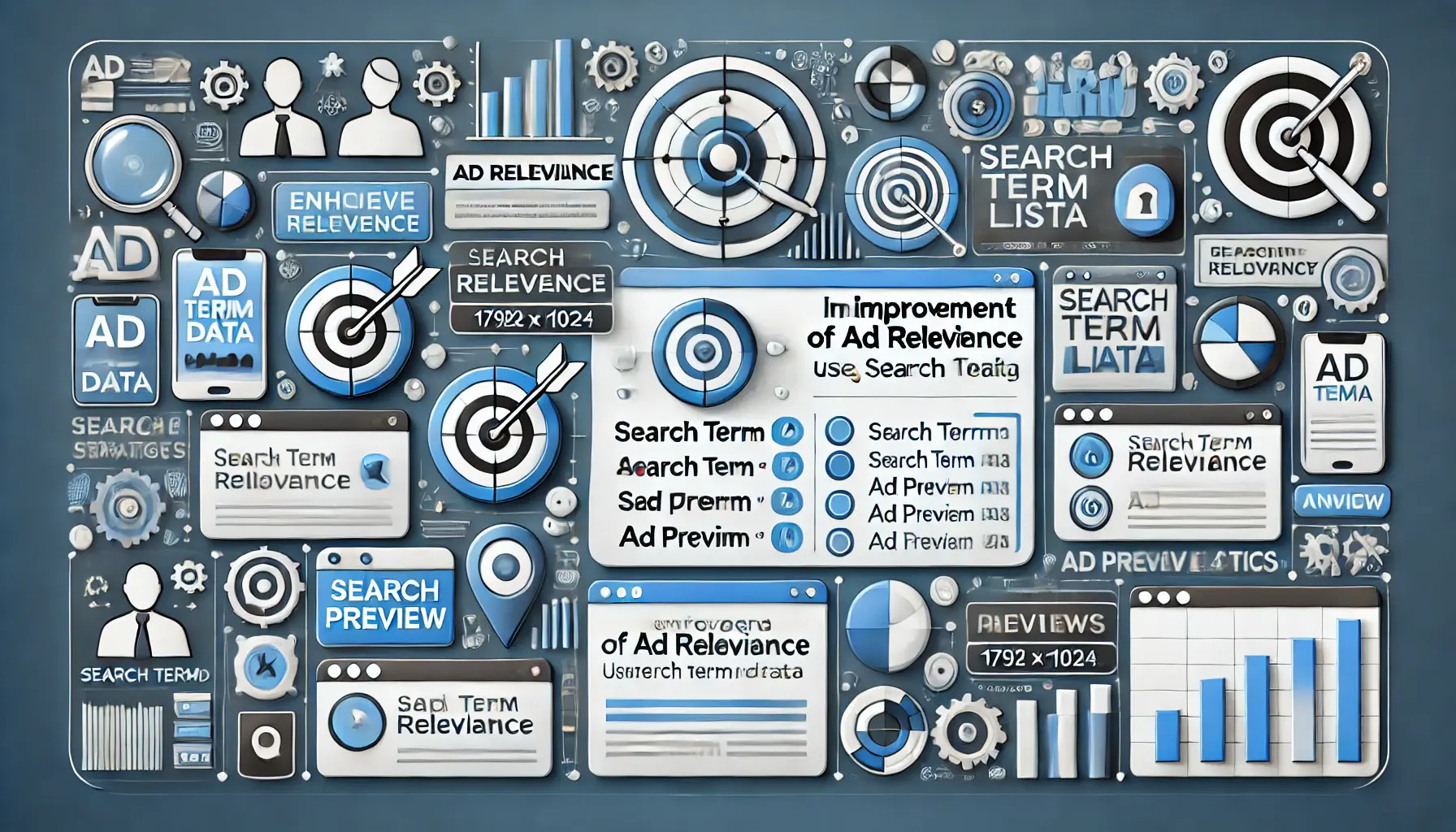 Visual representation of improving ad relevance with search term data, featuring targets, ad previews, and analytics